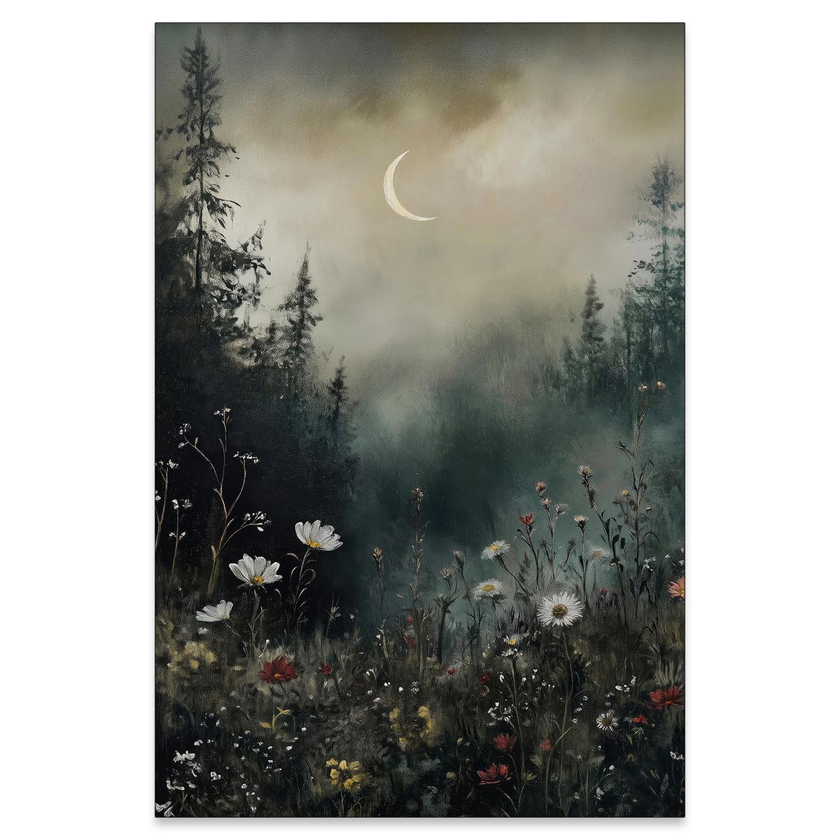 rumlud Dark Flower Field Poster Vintage Moody Academia Wall Art Nature Black Botanical Wildflower Oil Painting for Farmhouse Cottagecore Wall Decor 24X36 inch Unframed