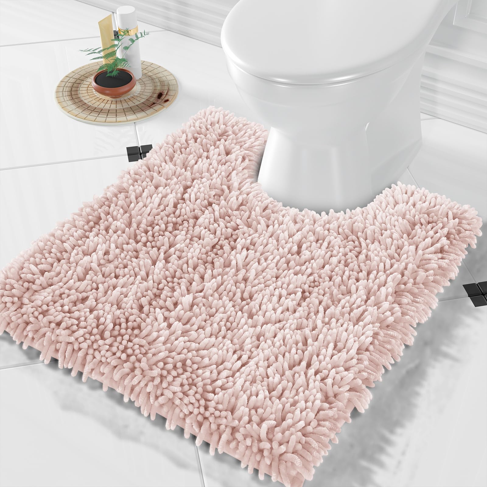 Yimobra Toilet Rugs U Shaped Washable, Extra Thick Soft Absorbent Chenille Contour Bathroom Rugs for Toilet 24x20 Inch, Quick Dry Non Slip Toilet Mat for Bath Floor, Pink