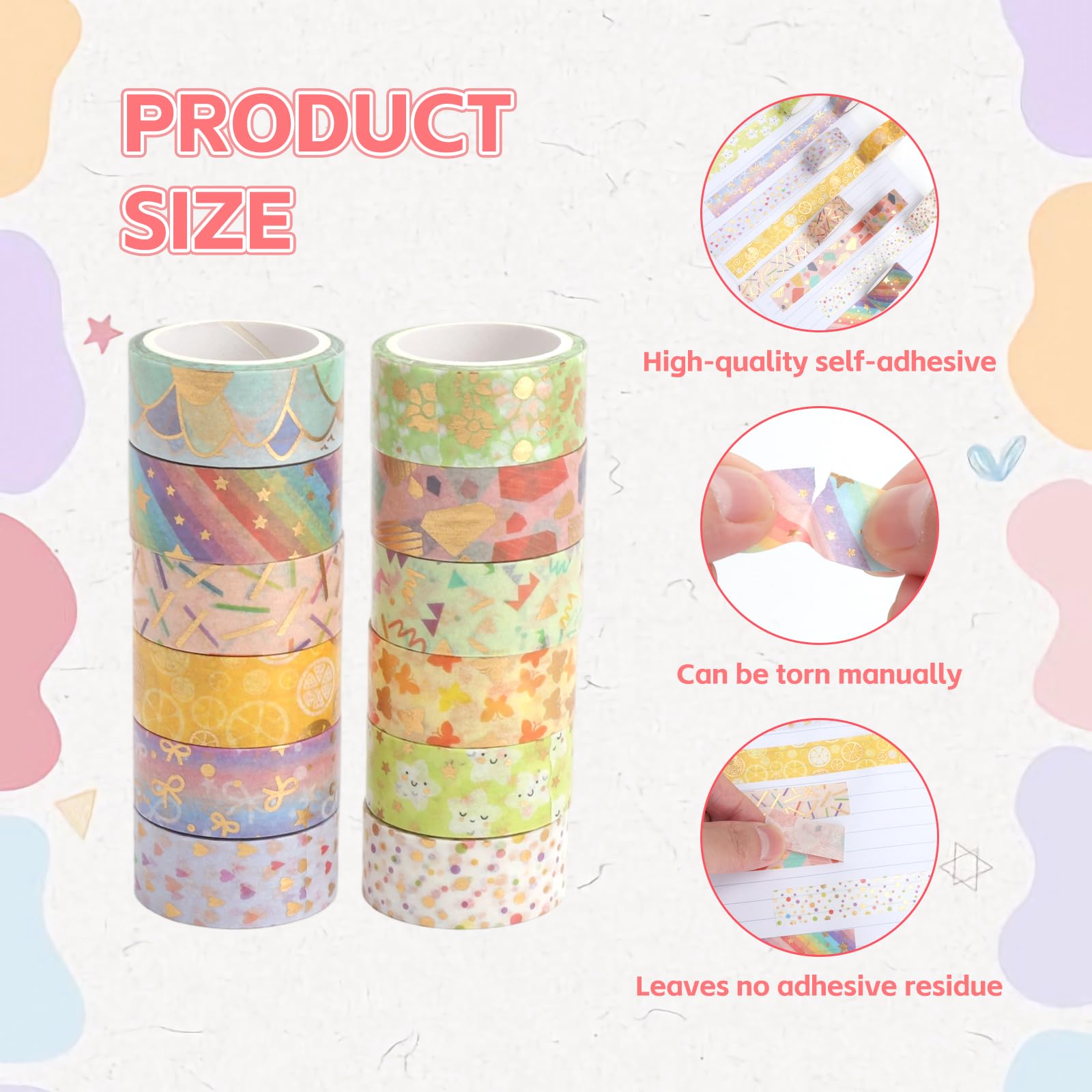 Zestaw 12 rolek taśmy Washi, kolor cukru, kolorowa taśma klejąca, taśma Washi, dla dzieci, brokatowa taśma do maskowania, do projektów DIY, naklejki Washi, kolorowa, ze złotą folią