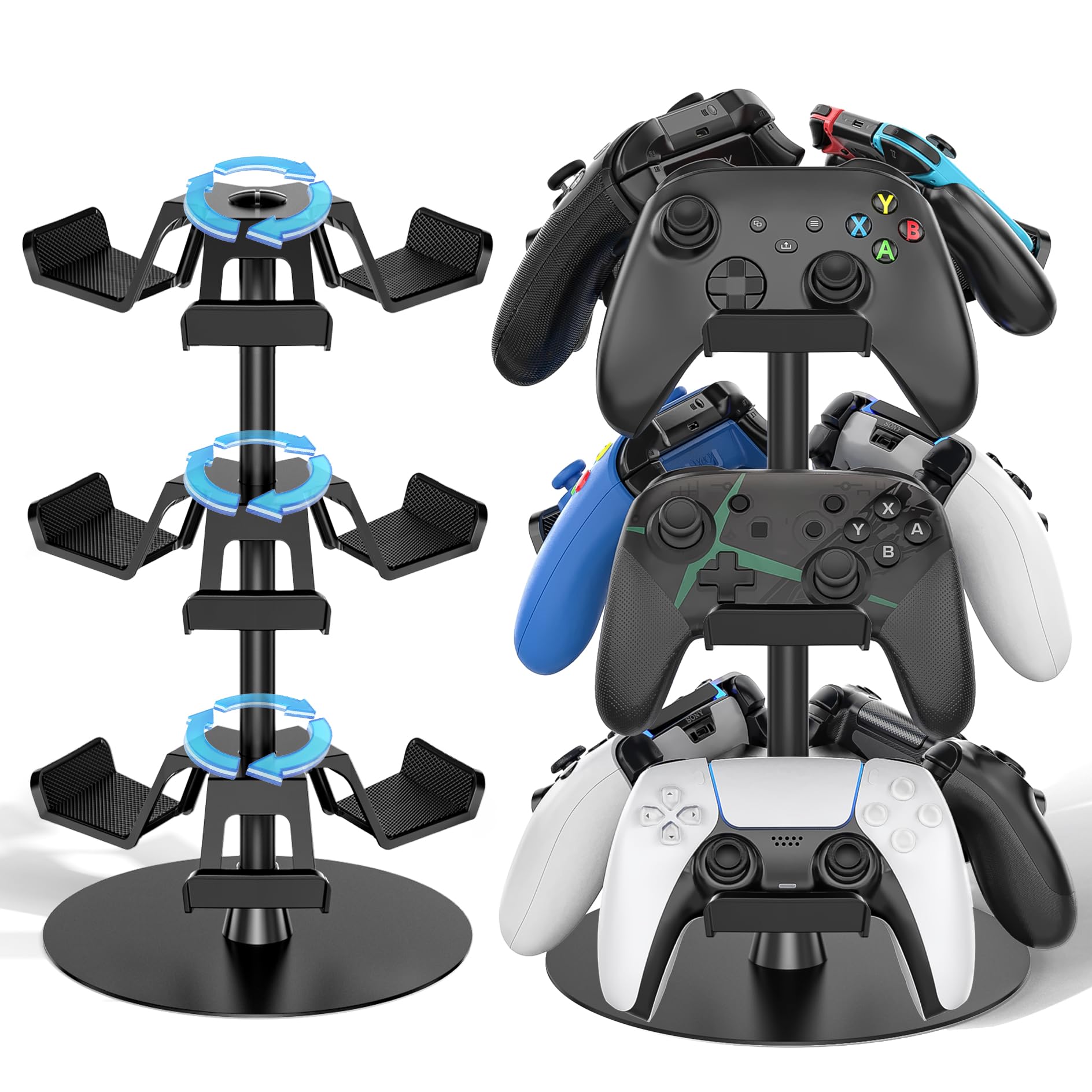 Soporte Mando y Cascos, 3 Niveles Soporte Auriculares para Mesa, 9 de Gran Capacidad para Organizador Mandos, Controller Holder Giratorio para Accesorios Gaming, Fácil de Guardar y Ensamblar, 3 Nivel