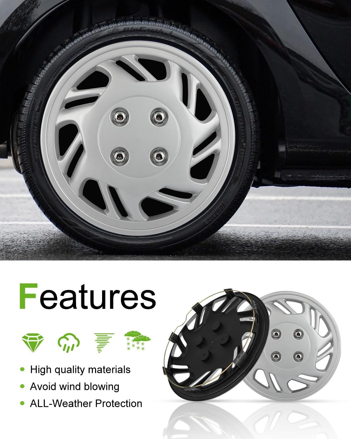 SCITOO 4-Piece 13 Inch Silver Hubcaps,Easy to Install and Suitable for a Variety of Models, Beautiful Appearance, Long-Lasting Universal-Fit Steel Wheel Rim Cover PP Material
