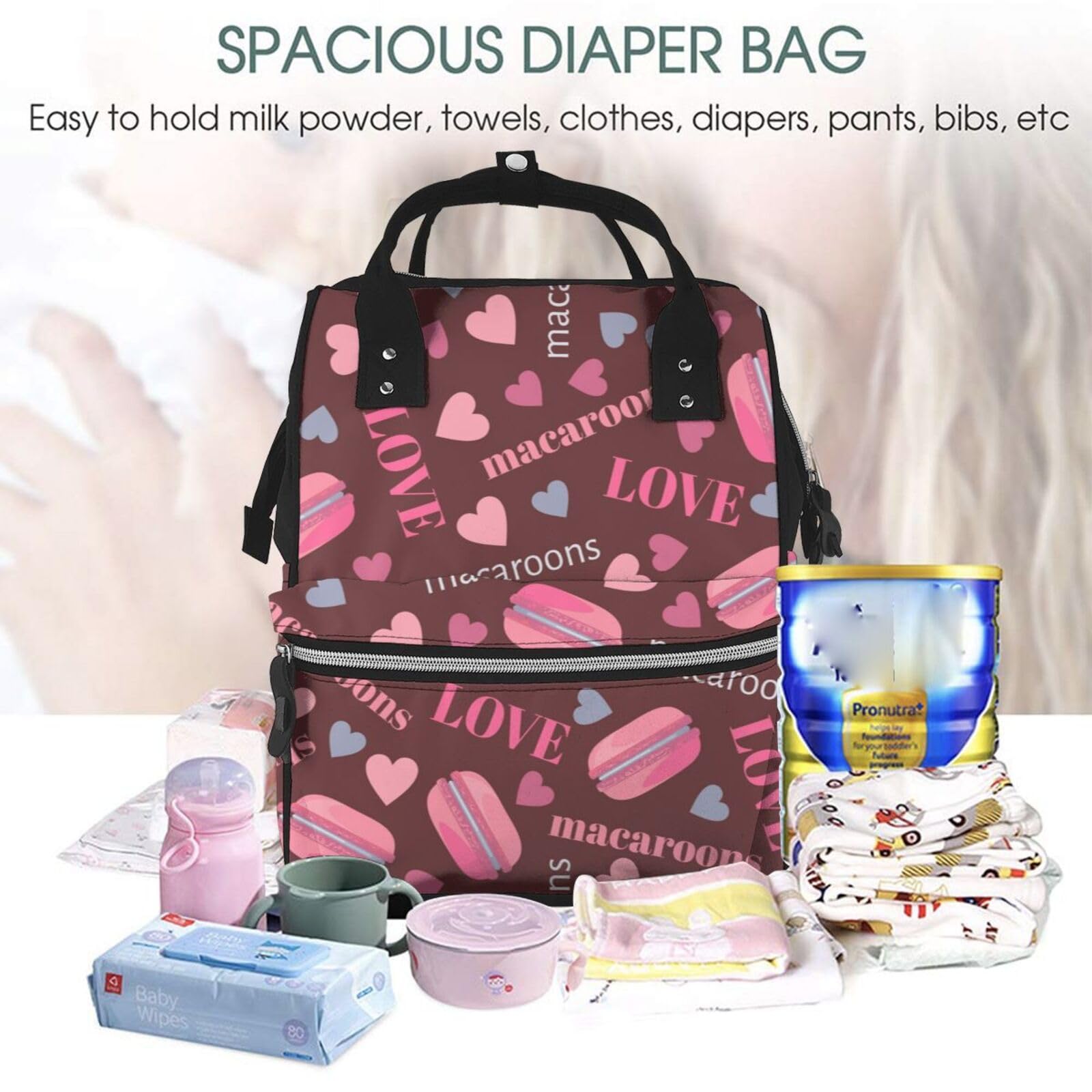 Tasty Macaroons Hearts and Love - Mochila para pañales para mujeres y hombres, bolsas de viaje de moda, mochila casual, Multicolor, Talla única