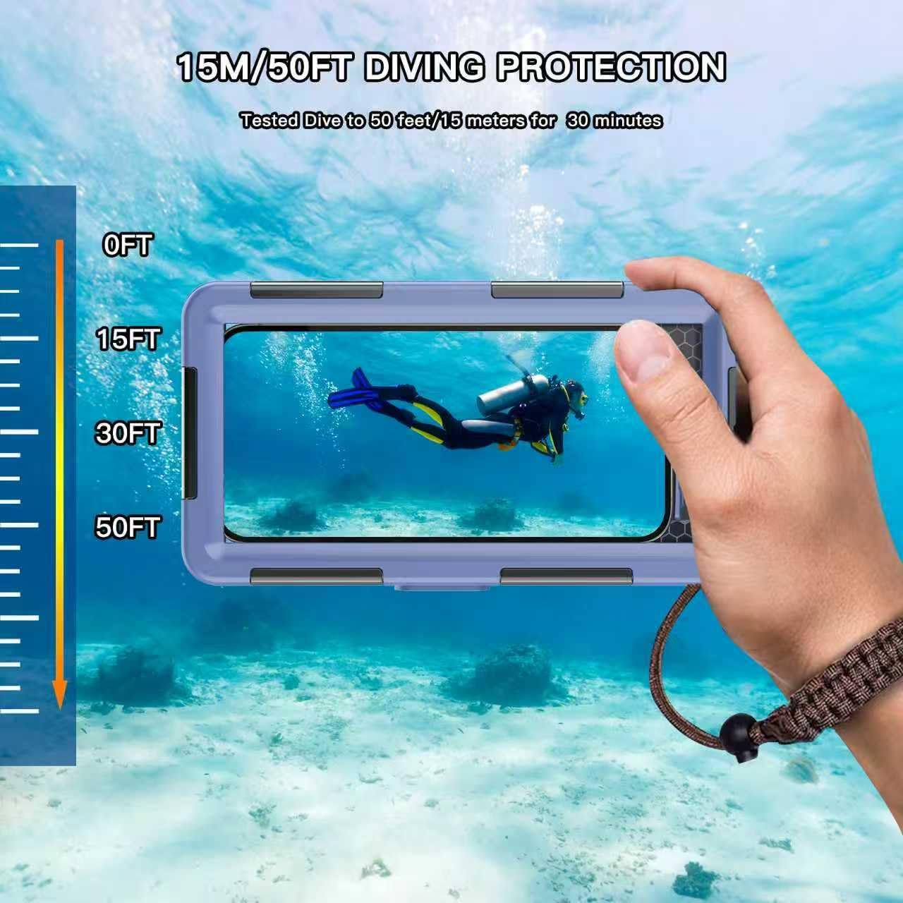 Underwater Diving Snorkeling Phone Case [for iPhone 17/16/15/14/13/12/11 Pro Max/XS/X] [for Samsung Galaxy S25/S24/S23], 50ft/15m Professional Scuba Waterproof Photo Video Housing Cover Blue