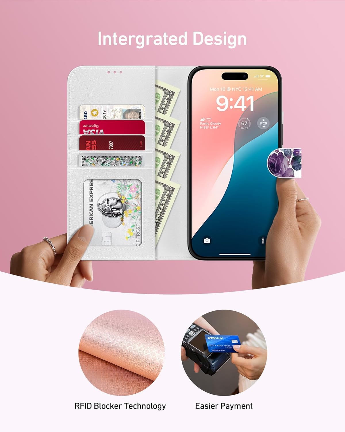 FUNMIKO for iPhone 15 Pro Case Wallet,Detachable Flip Folio Leather Cover,RFID Blocking 4 Card Holder,Magnetic Kickstand,Protective Phone Shell for Women Girls,Purple Blooming Flowers - Image 3