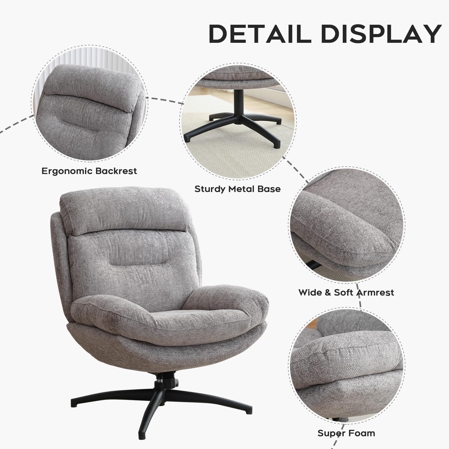 Chenille Swivel Accent Chair with Ottoman Set, Comfy Lounge Reading Chairs with Ottoman, Modern 360 Rocking and Swiveling Lazy Single Armchair with Footrest for Bedroom, Grey