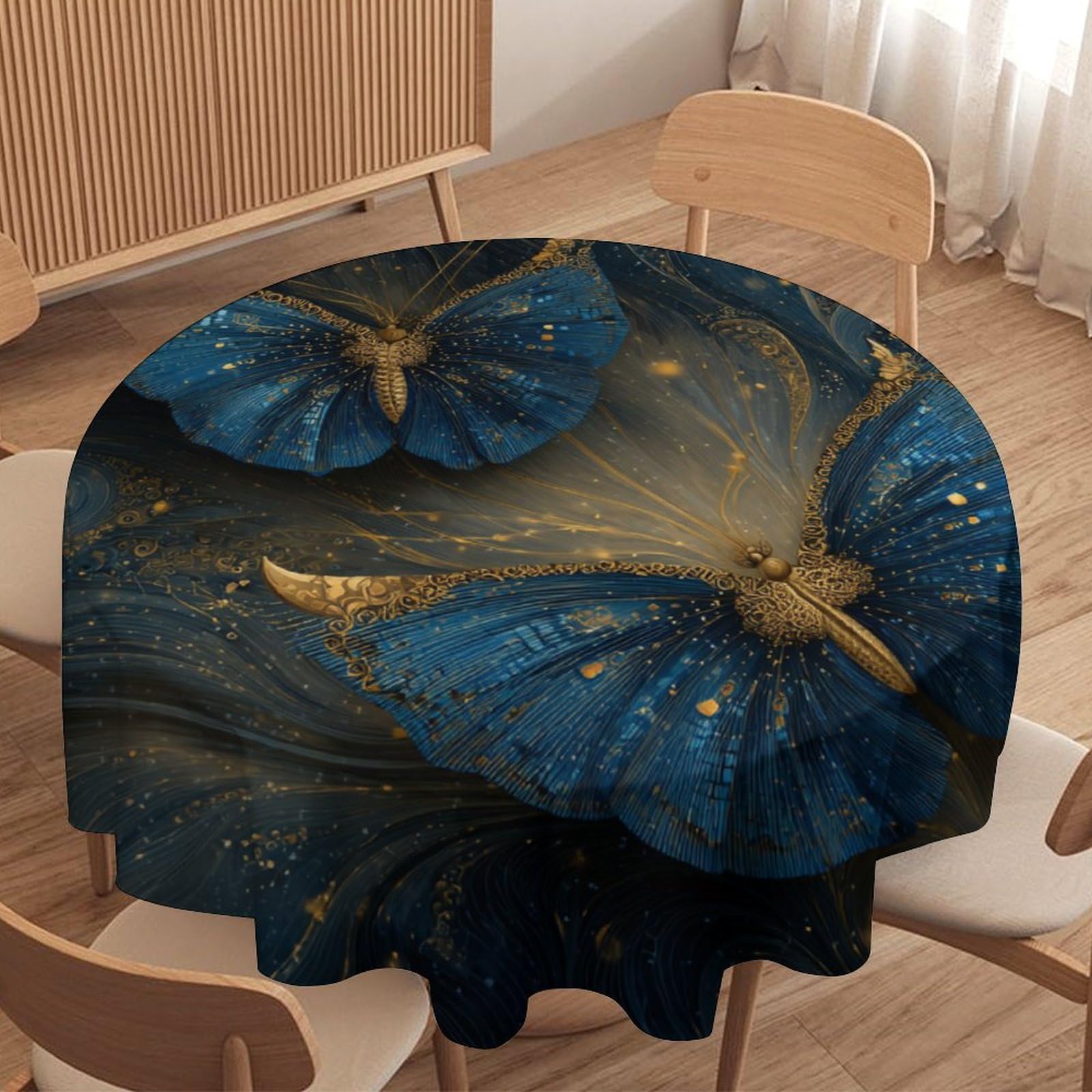 LUYYSKY Vintage Abstract Butterflies Round Tablecloth Vintage Elegant Animal Butterfly Blue Gold Pattern Washable Decor for Table Cover for Kitchen-127 Wx127 L cm