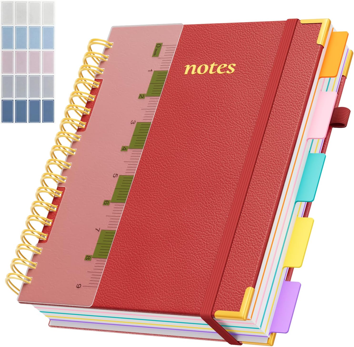 Line Hardcover Spiral Notebook with Removable Dividers Tabs & Ruler, 5 Subject Notebook College Ruled, 300 Page, Large 8"x10" B5 Notebooks for Work School, Lined Journal for Women & Men, Red