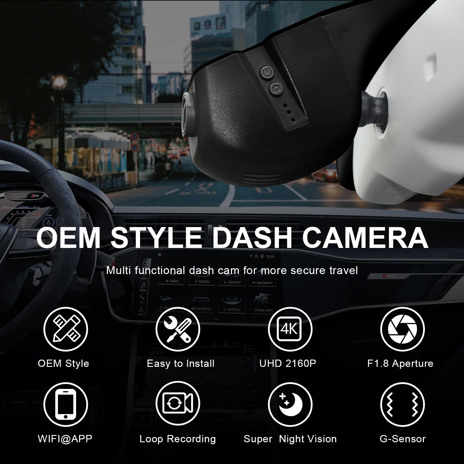 Mangoal 4K Dash Cam Custom fit for Audi (Model B Black)A3 A4 A5 A6 A7 A8 Q3 | Q5 S3 S5 S7 S8 Allroad, Integrated OEM Look, UHD 2160P Video, G-Sensor, Loop Recording, WiFi & App, 64GB Card
