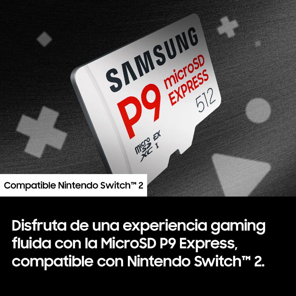Samsung P9 Express microSD 512GB, Velocidad de Lectura hasta 800 MB/s, U3, V30, A1, para Nintendo Switch 2, Smartphones, Tablets, GoPRO, Dron dji, Steam Deck, (MB MK512T)