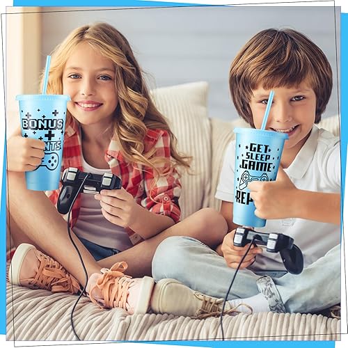 Vista 64 de Mifoci Vasos de plástico para videojuegos con tapas y pajitas, vaso reutilizable con tapa y pajita, lindo vaso de viaje para café helado, botella