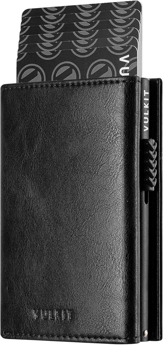 VULKIT RFID Blocking Credit Card Holder, Genuine Leather Pop Up Wallet with Bill Compartment, ID Window, Coin Pocket and Magnetic Closure, BLACK, Modern : Amazon.es: Fashion