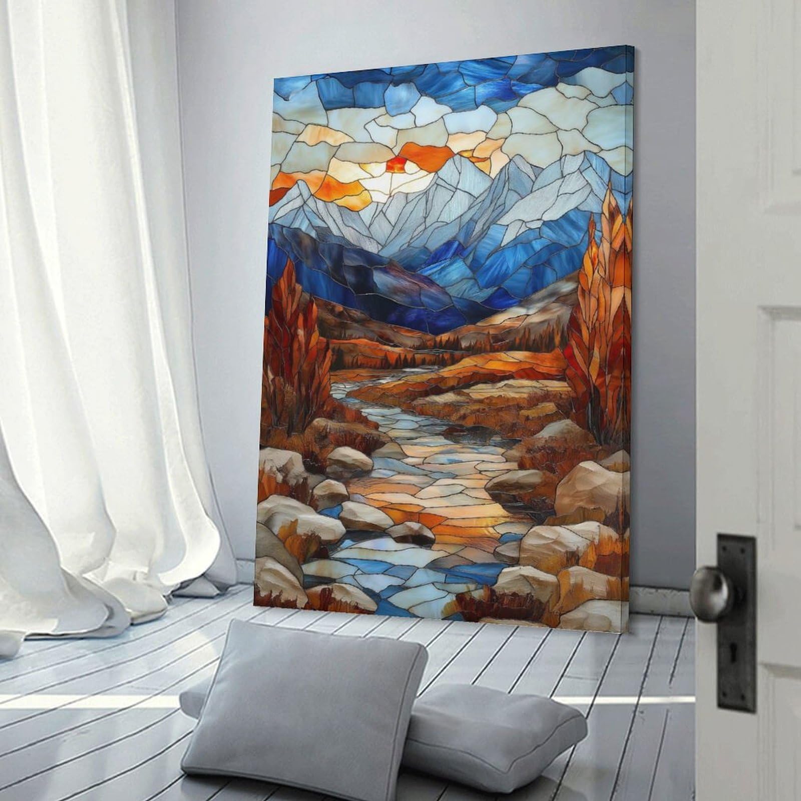 Junmoney Frame-Style-20-1 Decorative Wall Artwork Stained Glass Mountain Sunset, 20X30inch(50X75cm), For New Homes, Bedrooms Or Workspaces, Canvas Artwork With Gifting Potential
