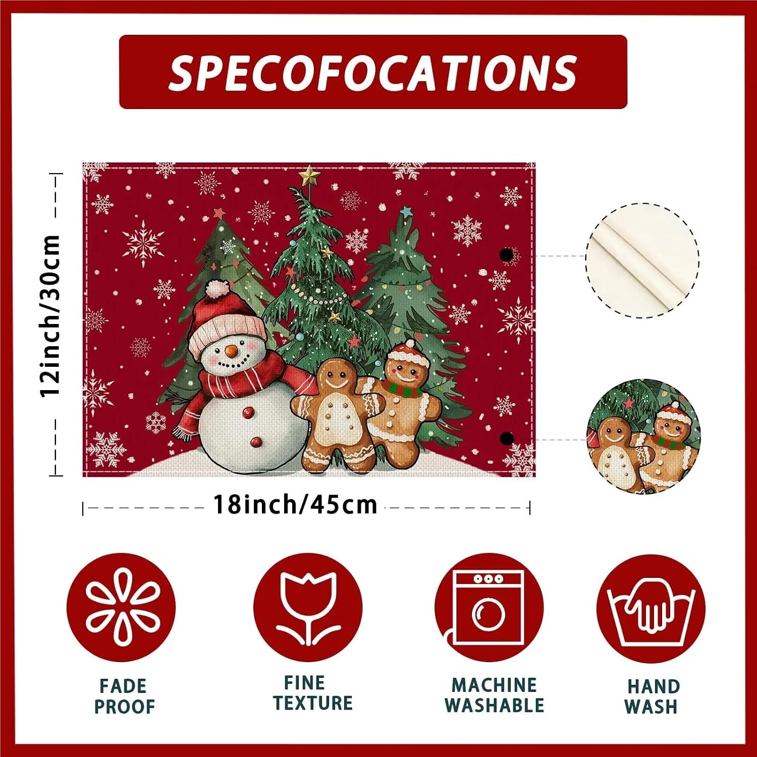 4pcs Winter Red Snowman Gingerbread Man Christmas Tree Xmas Placemats Table Mats for Party Home Kitchen Dining Table Decor 12x18 Inch(15)