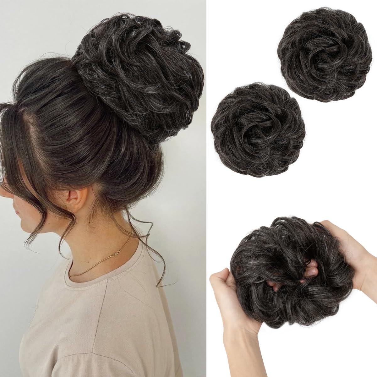 SARLA 2PCS Messy Hair Bun Hair Pieces Wavy Curly Synthetic Updo Fake Scrunchies Ponytail Extension for Women Pepper Grey