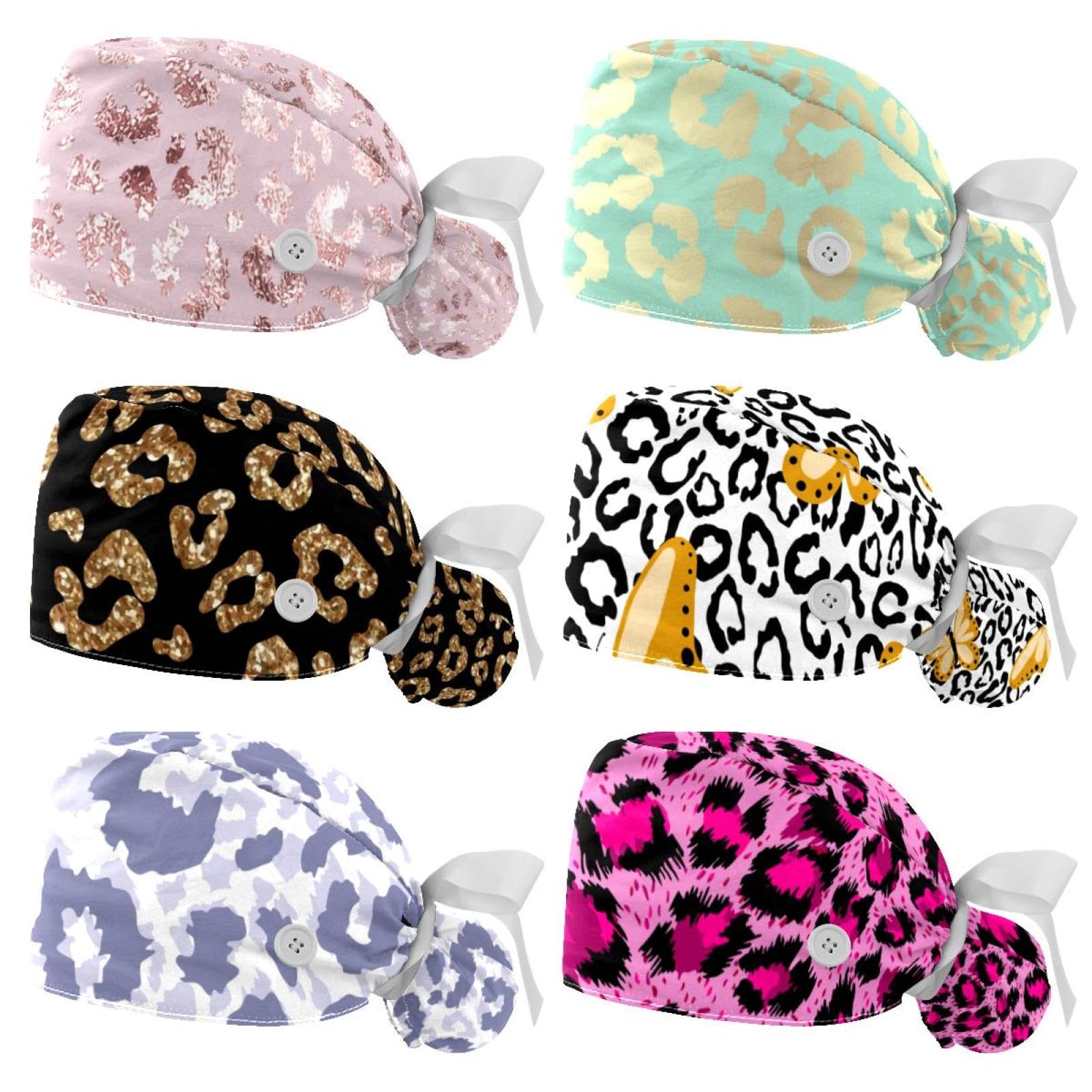 6 Pcs Working Cap with Button Sweatband, Cow Skin Pattern Adjustable Bouffant Scrub Caps Women Long Hair