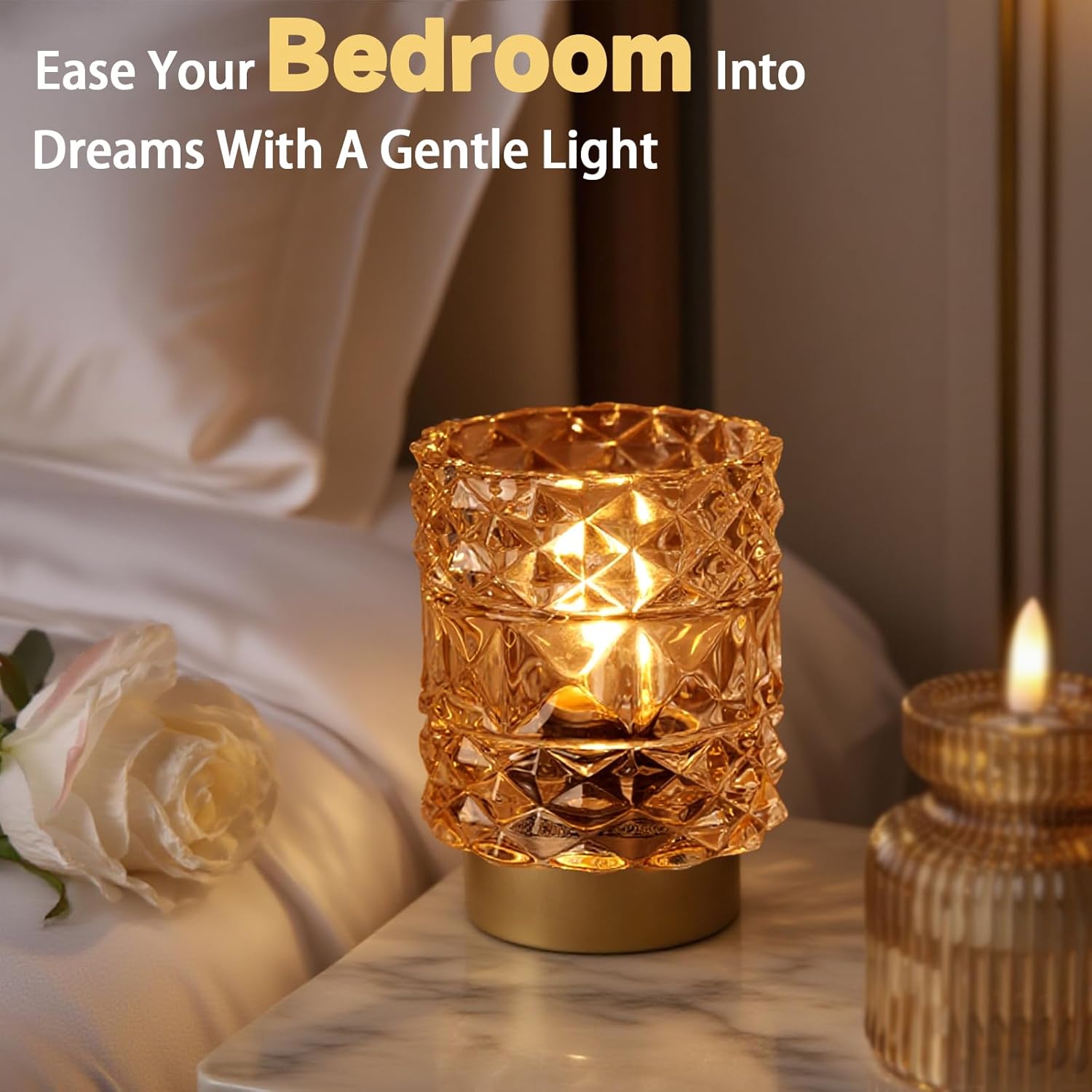 MJ PREMIER Battery Operated Lamp with Timer, Cordless Table Lamps for Shelf Decor, Rhombus Texture Aesthetic Crystal Lamp, Small Decorative Lamps for Bedroom/Bathroom/Kitchen/Entryway/Dorm (Yellow)