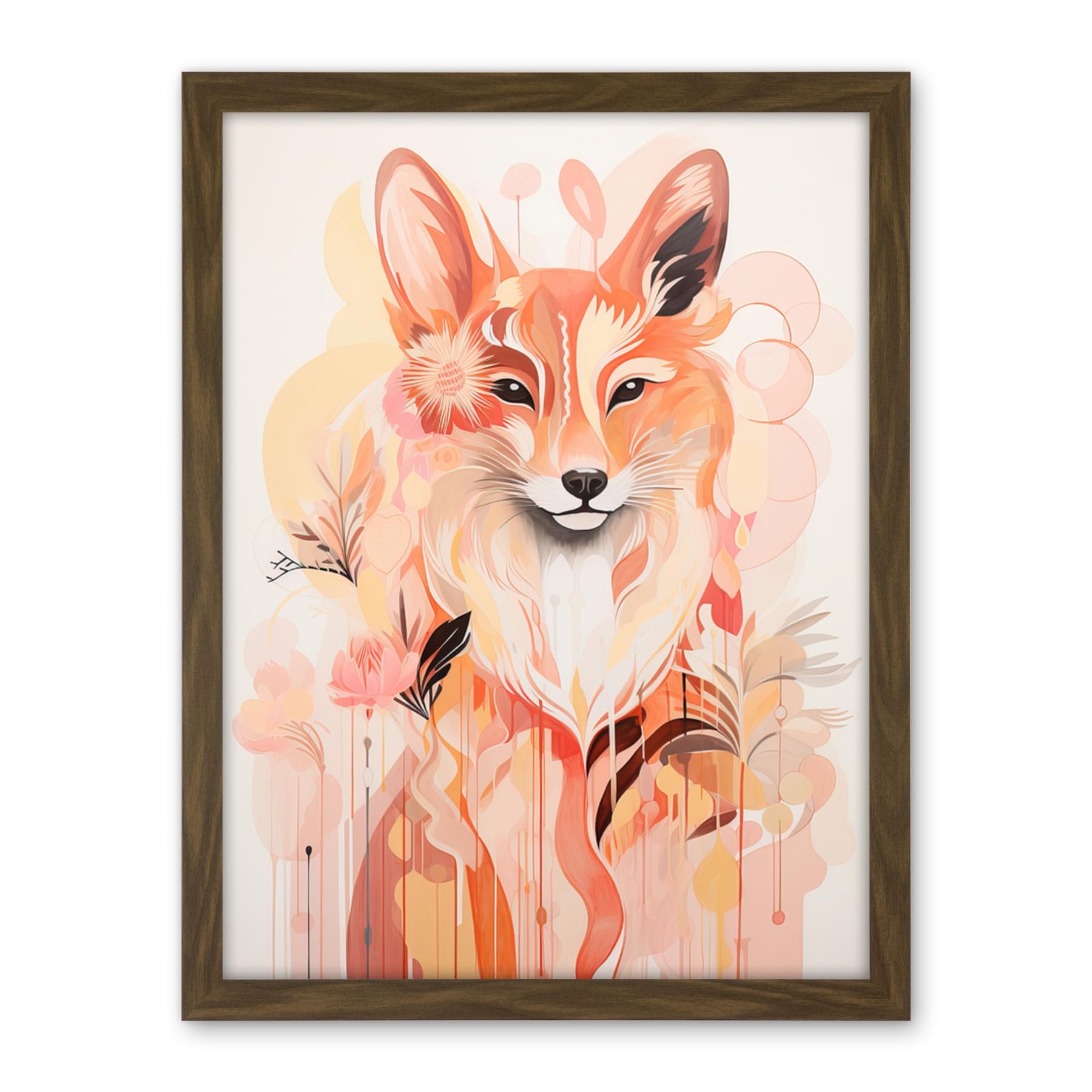 Artery8 Floral Fox Spirit Animal Boho Calm Pastel Colour Artwork Orange Pink Abstract Woodland Creature Flowers Artwork Framed Wall Art Print 18X24 Inch