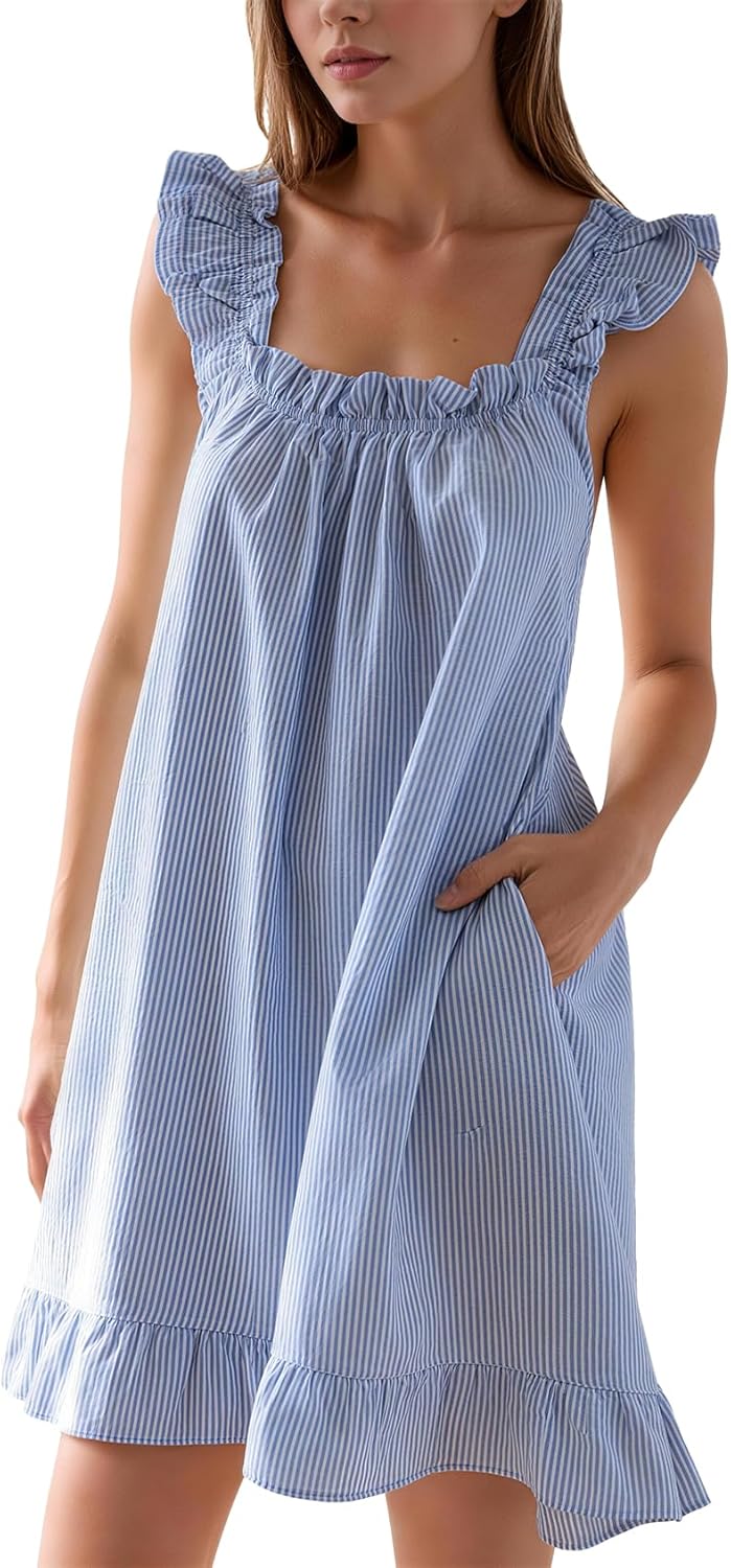 Flygo Nightgowns for Women Cotton Ruffle Sleepwear House Dresses Striped Sleeveless Night Gown Sleep Dress with Pockets