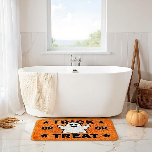 Miniatura 7 de Bonita alfombra de baño naranja de Halloween de 20 x 32 pulgadas, tapete de baño fantasma, tapete antideslizante para baño, cocina, tapete suave y