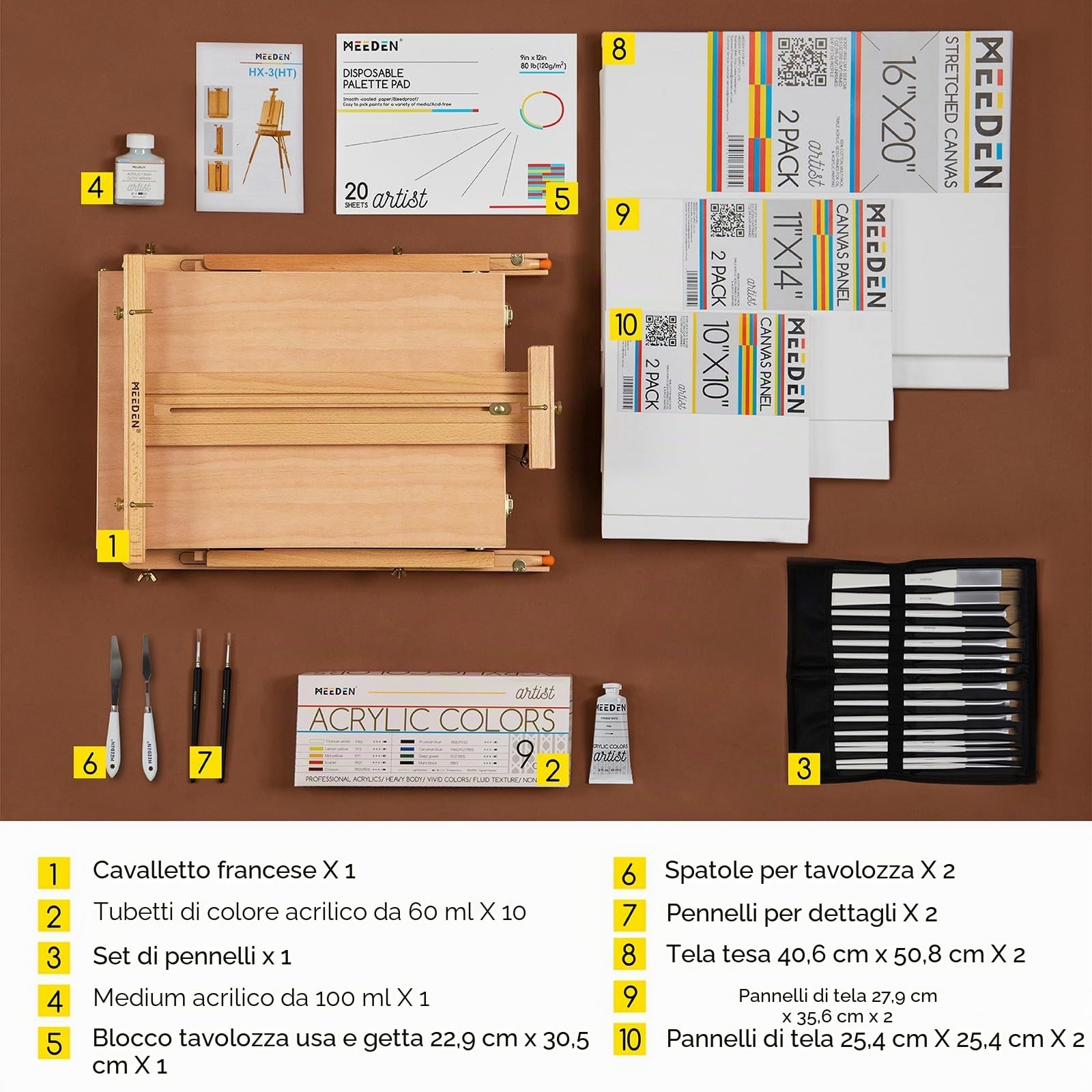 Meeden, kit per pittura acrilica con cavalletto in stile francese, 15 x 100 ml, 10 x pennelli acrilici, 2 x tela allungata, 6 x pannelli di tela, bel regalo per artisti, principianti