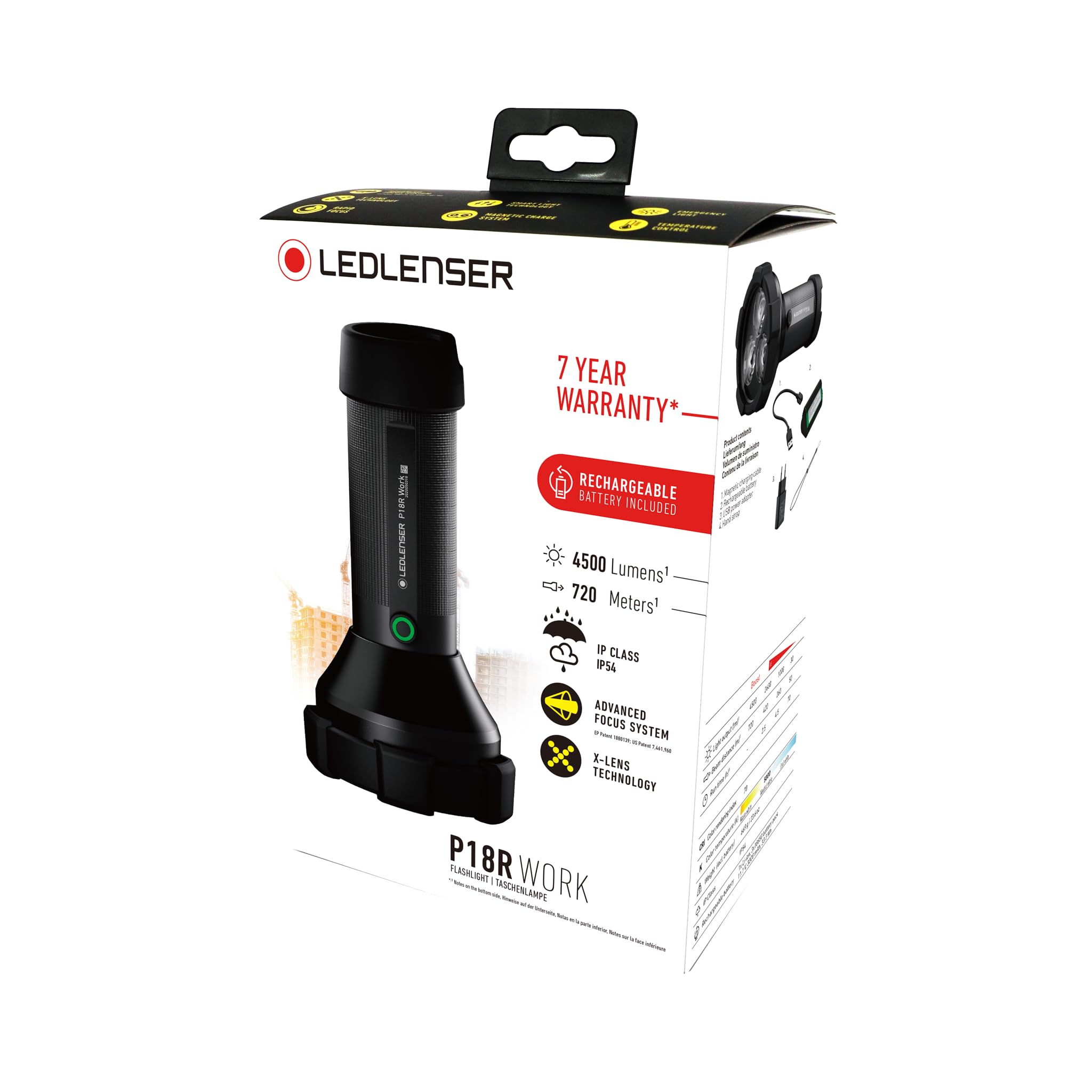 Ledlenser P18R Work Robust latarka LED, szperacz, akumulator litowy z możliwością ładowania, 4500 lumenów, regulacja ostrości, technologia X-Lens, zasięg światła 720 m, magnetyczny kabel ładujący USB