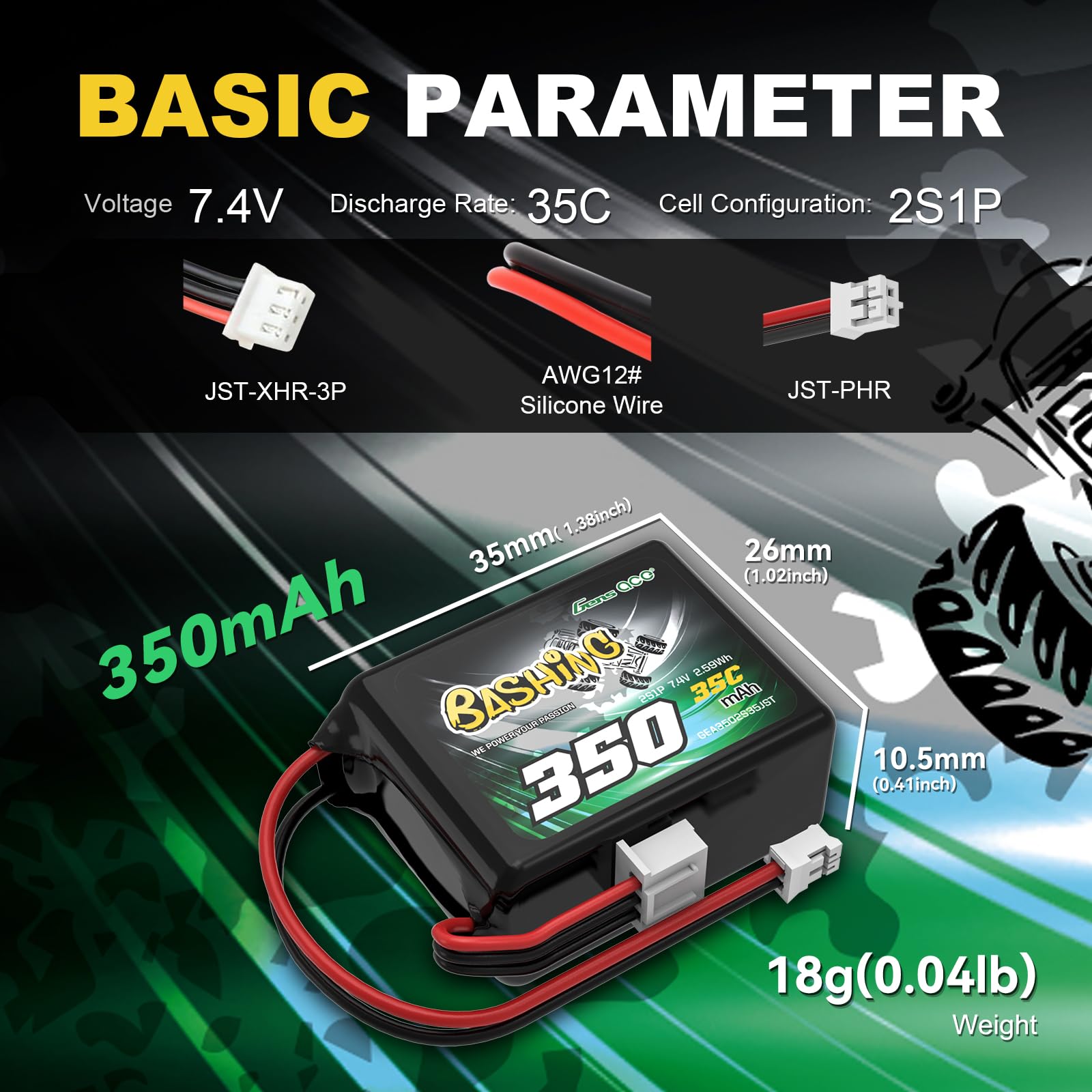 Gens ace 2S Lipo Akumulator 350 mAh 7,4 V 35C JST-PHR do Losi 1/24 RC Cars