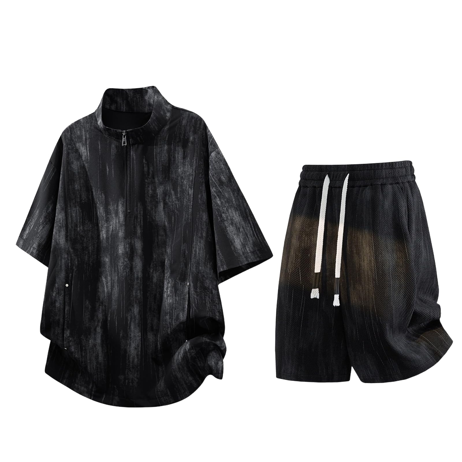 Men's Sport Set Ice Silk Half Zip Short Sleeve T-shirt Shorts Daily Commute Summer-Grey-L