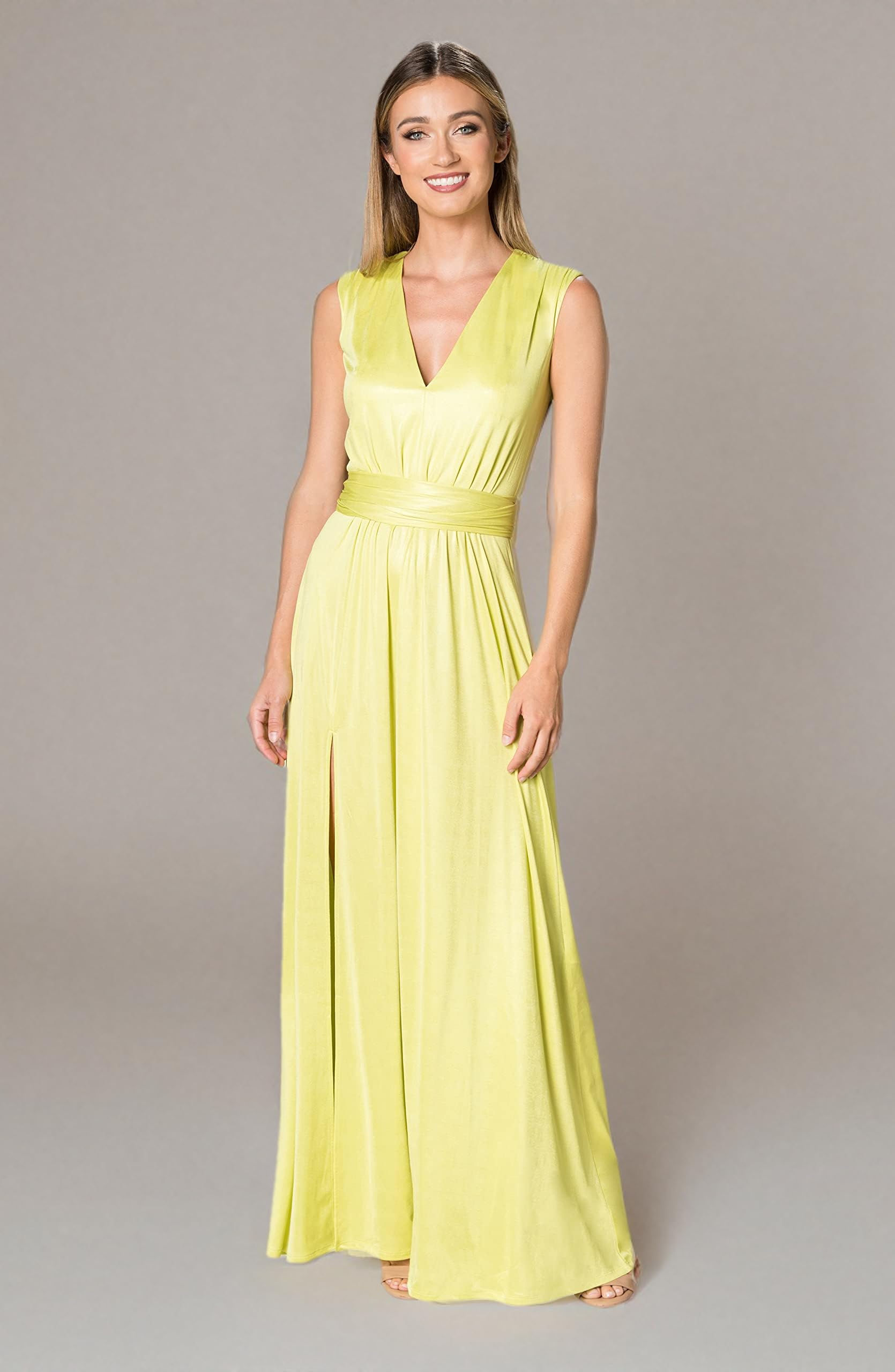 DRESS THE POPULATION Women's Krista V Neck Tie Waist Coated Jersey Slit Front Maxi Dress