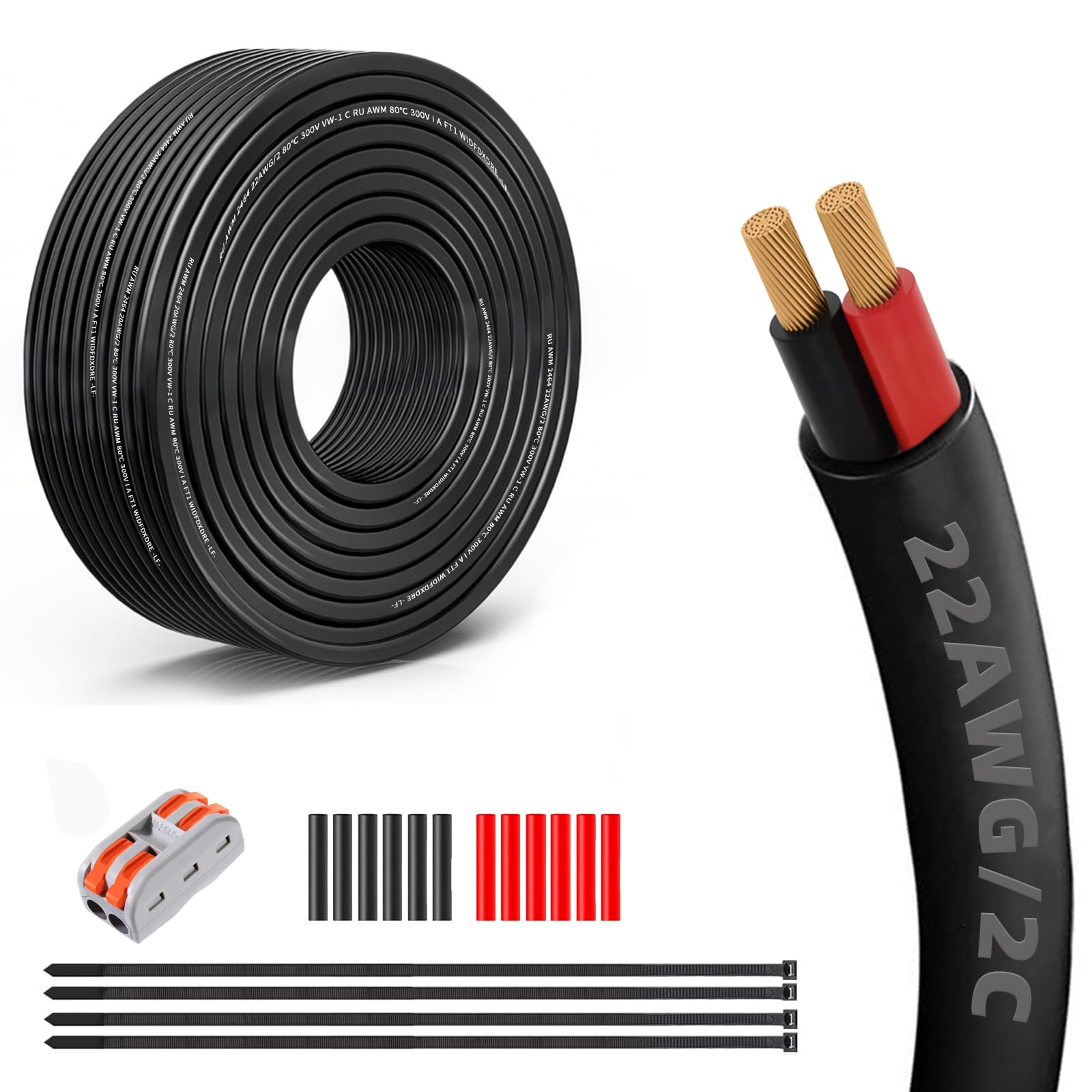 22 Gauge 100% Pure Copper 2 Conductor Flexible Electrical Wire 30FT, UL2464 22AWG 2 Core Electrical Cable for Automotive, Marine,Boat, LED Lighting,