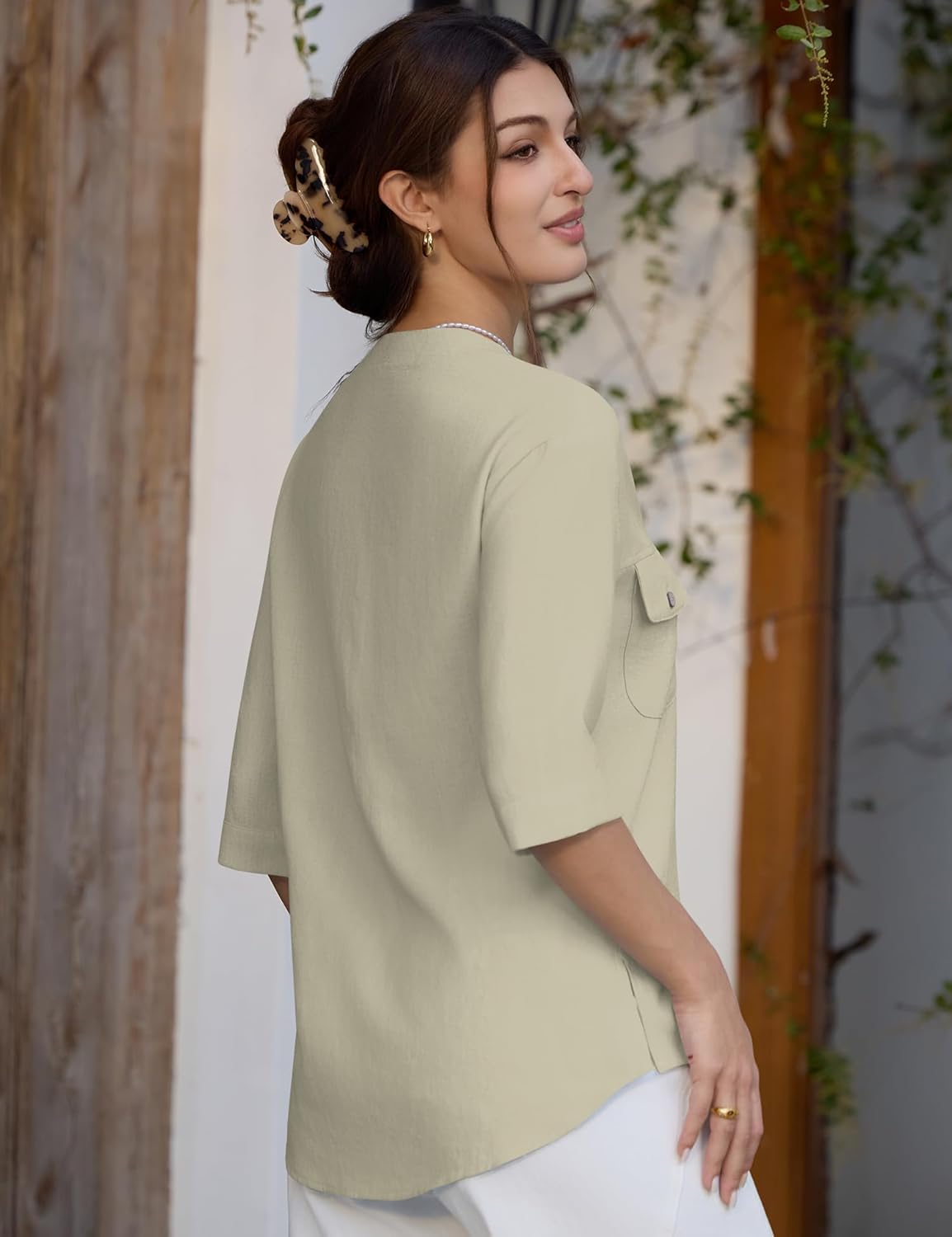 LOMON Women's Button Down Shirts Summer 3/4 Sleeve V Neck Blouses Lightweight Casual Office Work Tops with Pockets - Image 3