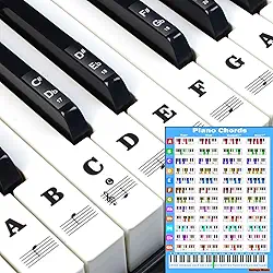 Adesivos de teclado de piano com tabela de acordes de piano, para teclas 88/61/54/49, etiquetas de letras para iniciantes e crianças pequenas, guias de notas de piano, adesivos de chave de