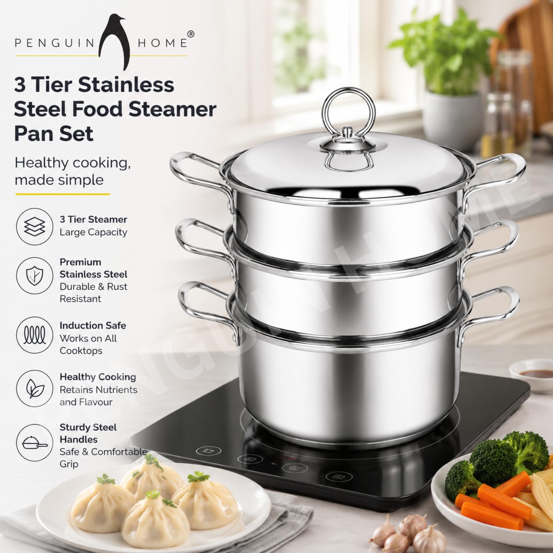 Penguin Home® Set per cottura a vapore a 3 livelli 3 litri 20 cm | Cassaforte a induzione | Piroscafo per alimenti a tre livelli in acciaio inossidabile |Piroscafo da cucina per cucinare |