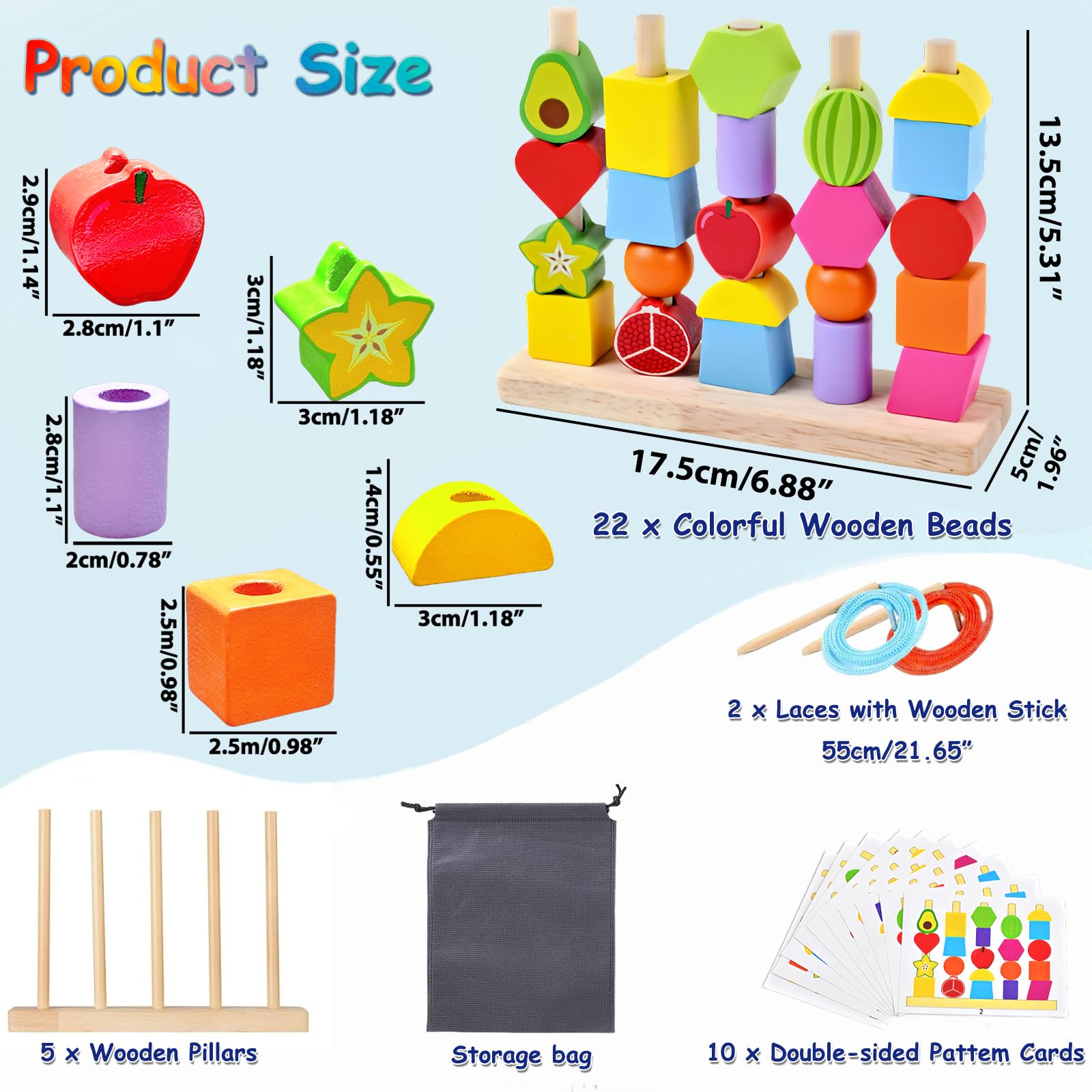 Echehi 2-in-1 Montessori Threading Toys for Toddlers Fine Motor Skills Development, Wooden Stacking Blocks, Lacing Beads - Image 2