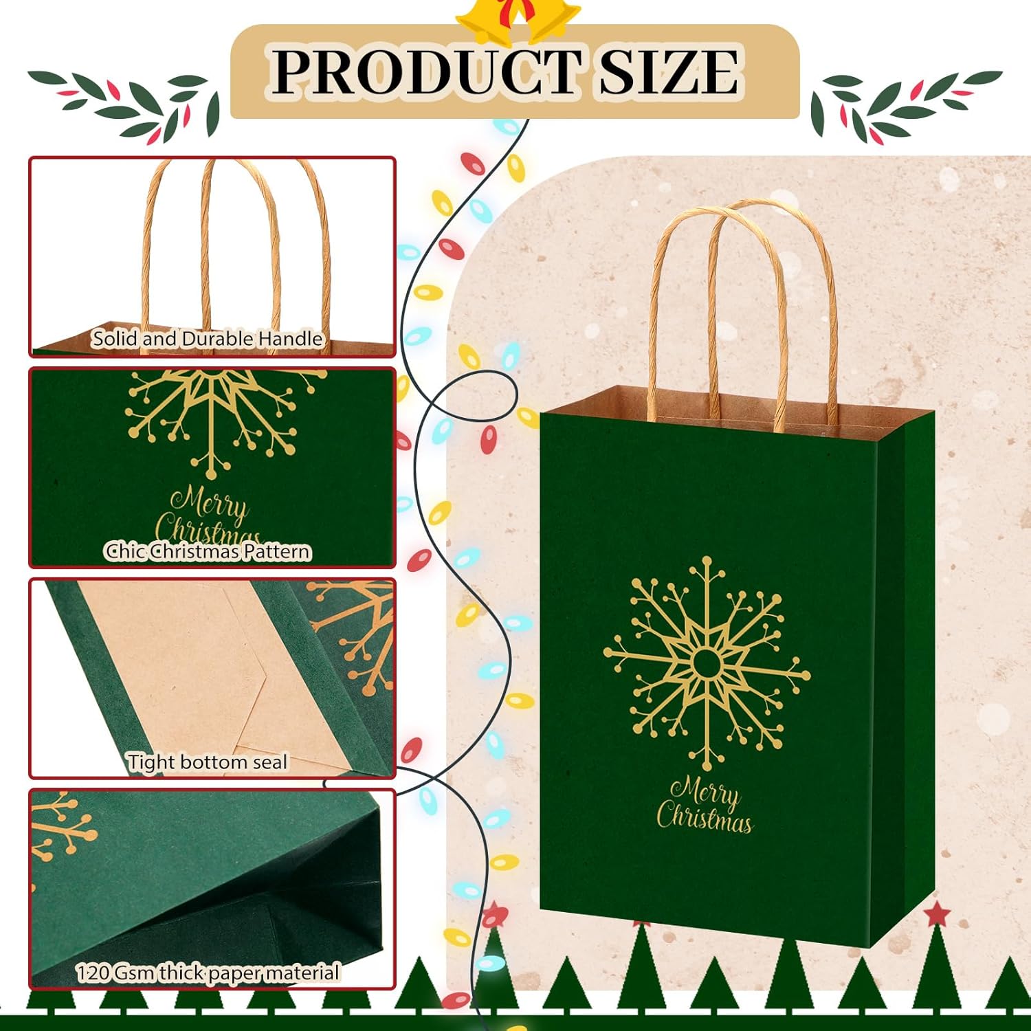 Tenceur 100 Pcs Kraft Christmas Gift Bags with Handle Red and Green Xmas Paper Treat Candy Goodie Bags with Snowflake Elk Xmas Tree Patterns for Christmas Party Supplies Favors Gift Wrapping