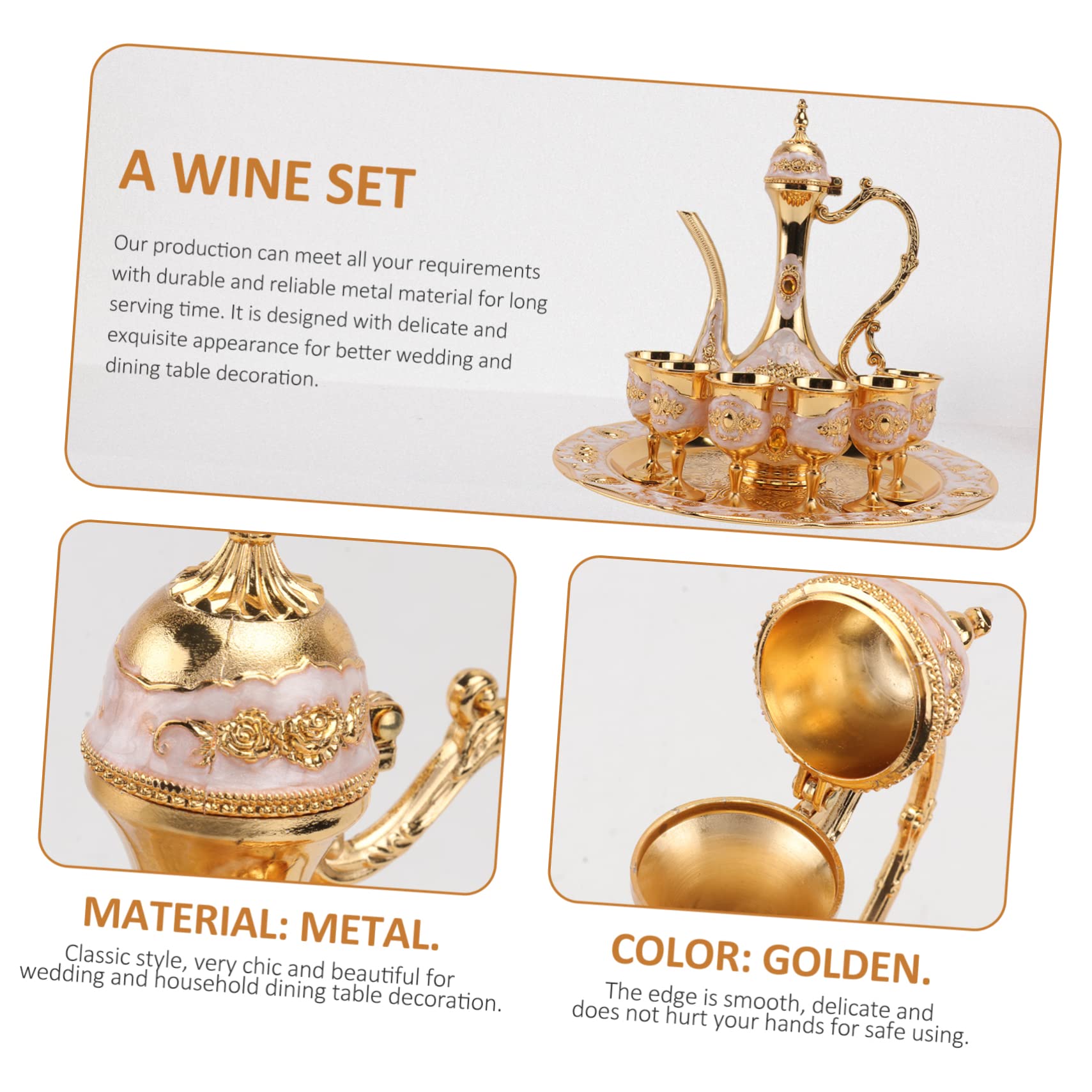 Mikinona Juego de Vino Decorativo para Bodas y Fiestas, 1 Set con Bandeja, Metal Dorado, Acabado Suave y Grabado a Mano, Adorno de Mesa