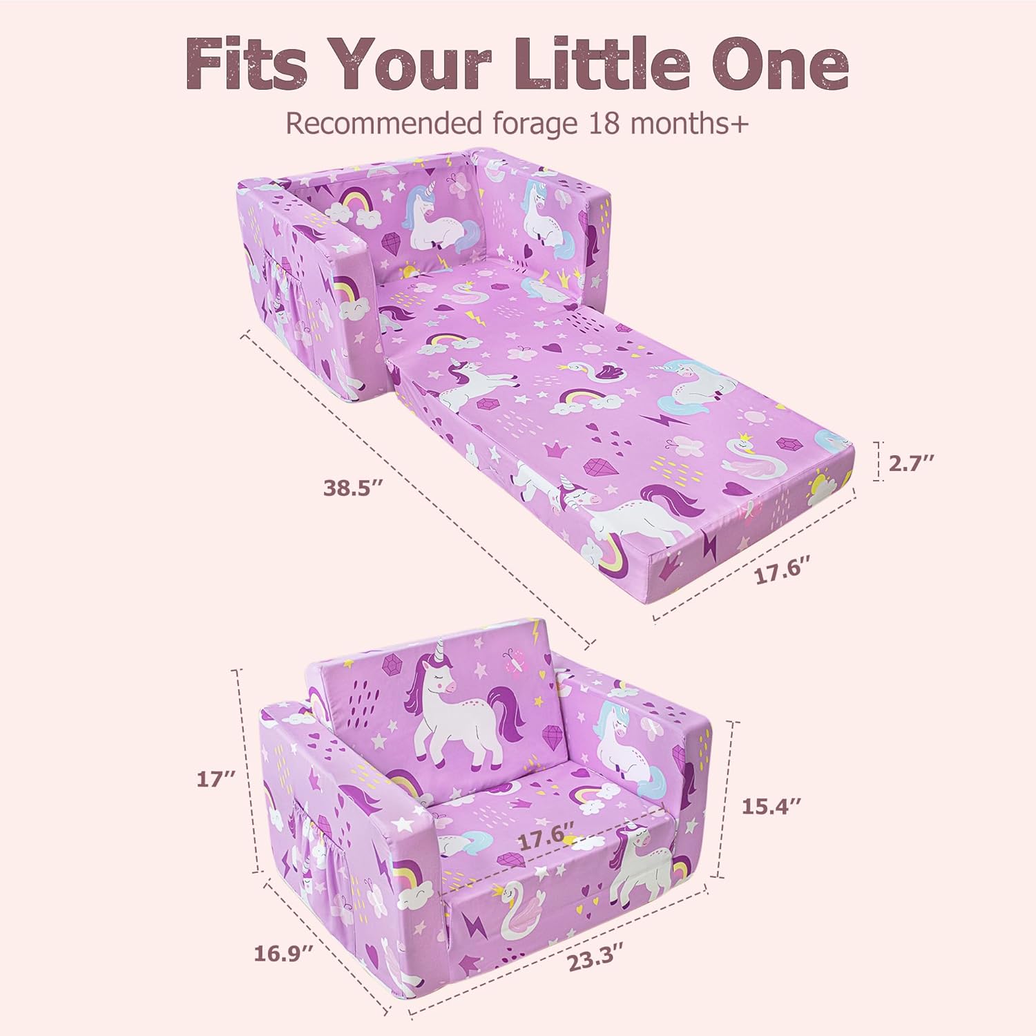 Kids Couch, 2-in-1 Toddler Sofa Fold Out, Soft Toddler Chair for Boys and Girls, Convertible Sofa to Lounger- Ideal for Napping, Reading, and Playing