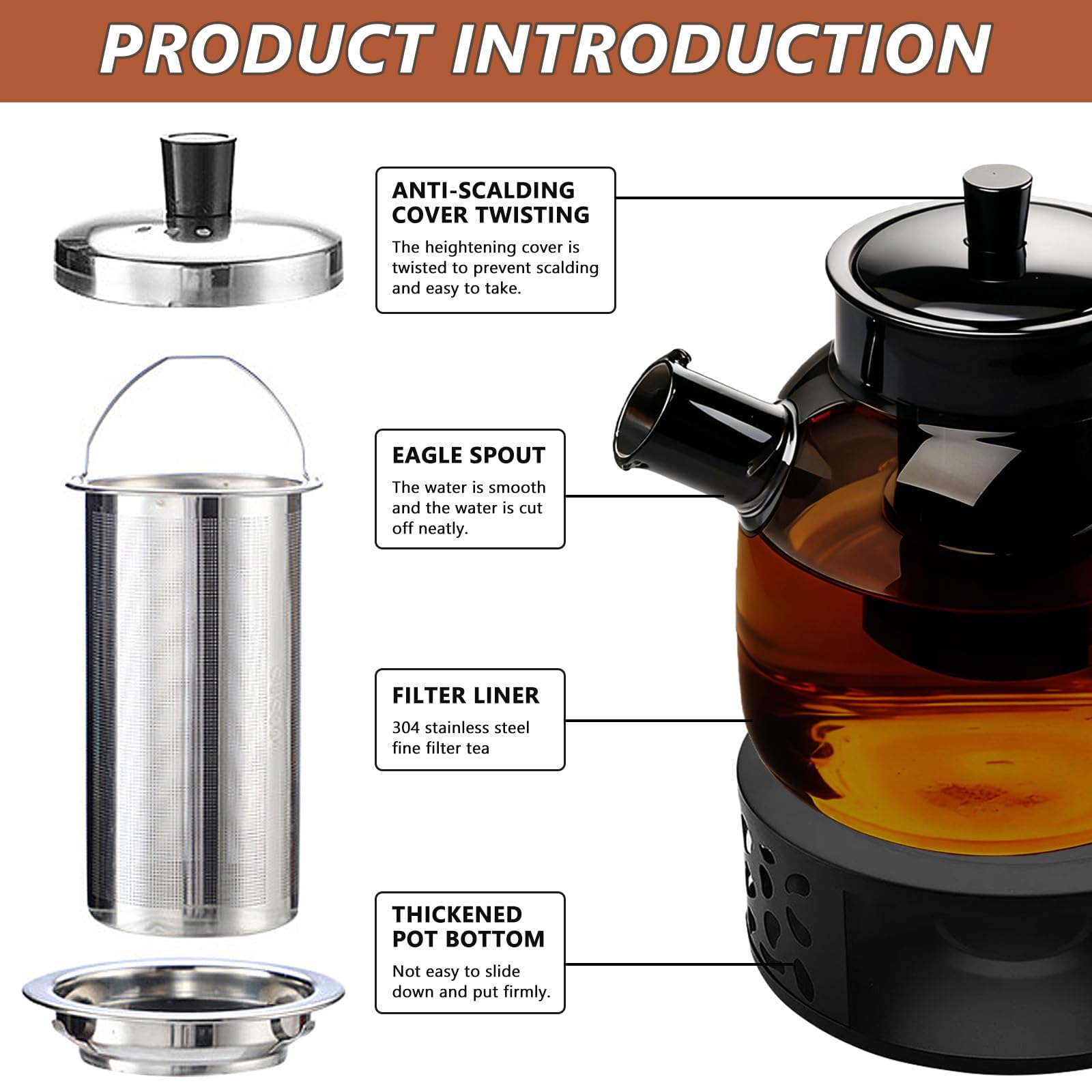 1500ml Teekanne mit Stövchen, Teekanne mit Siebeinsatz und Deckel, Glas Teebereiter mit Abnehmbare Siebeinsatz, Hitzebeständig Glaskanne für Losen Tees Fruchttee Duftender Tee Blumentee (Schwarz)