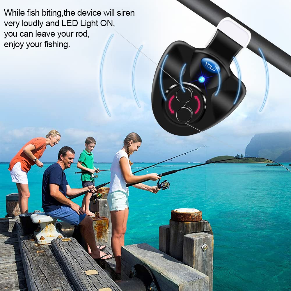 Coolnice 6pcs Détecteurs de Touche électroniques de Canne à Pêche Alarme de Pêche Sensible avec Indicateur Lumineux LED Alarme Sondeur Electronique pour Pêche Nuit Pêche Maritime Nocturne-Noir