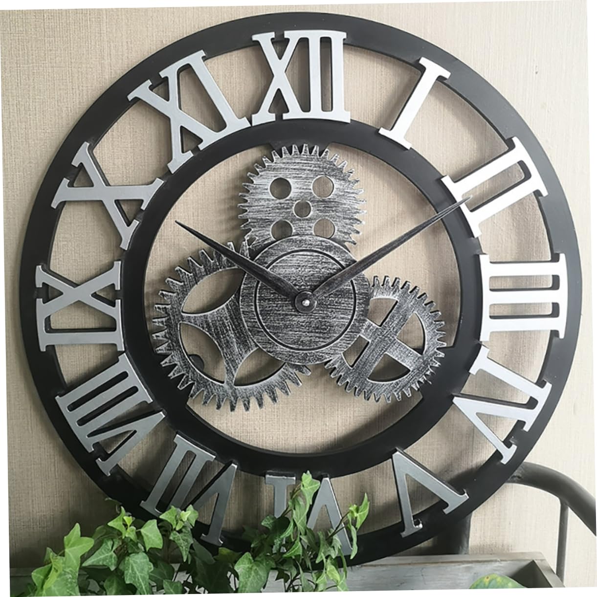 PRETYZOOM Reloj de Pared Diseño Original Estilo Industrial de 34 Cm en Madera Color Plata, Fácil de Instalar y Quitar para Salón u Oficina