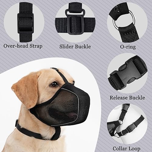 Miniatura 10 de Mayerzon Bozal para perro, bozal suave de malla para perros grandes, medianos y pequeños, para carro, aseo y morder, bozal reflectante y