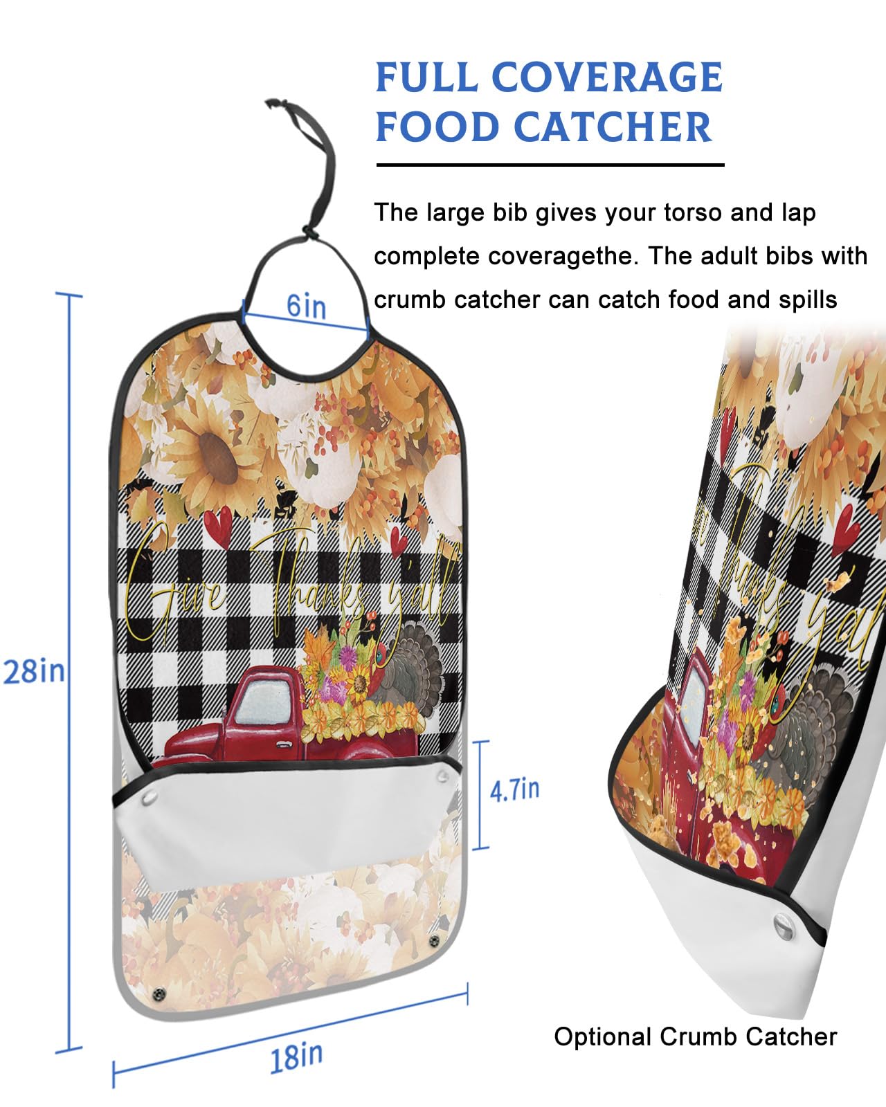 LEOKOTI Thanksgiving Adult Bibs for Eating, Waterproof Bibs with Food Catcher & Adjustable Snap Closure, Pumpkin Leaves Truck Black Plaid Washable Clothing Protectors Adult Bibs for Elderly Women/Men