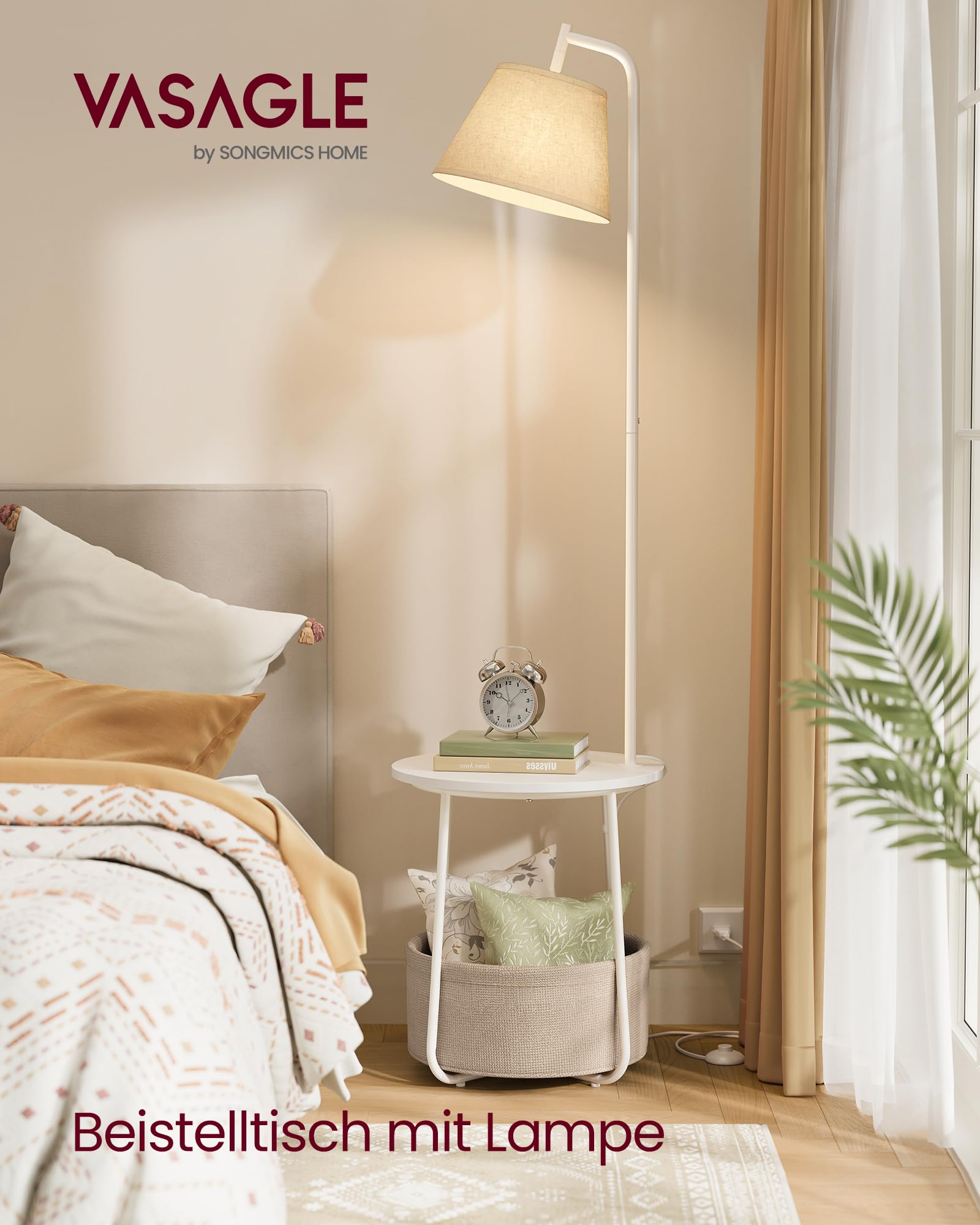 VASAGLE LILEA Kollektion - Beistelltisch mit Lampe, 3-in-1, Stehlampe mit Tisch und Korb aus Stoff, für Wohnzimmer, LED-Glühbirne, Licht und Lampenschirm einstellbar, Stahlrahmen, mattweiß LFL004WC04