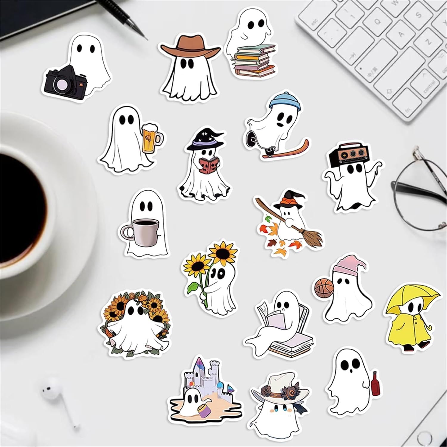 50Pcs Halloween Ghost Theme Stickers | Cute Ghost Decorative, For Parties, Suitable for Children, Teens, and Adults, For Water Bottles, Laptops, and Cups