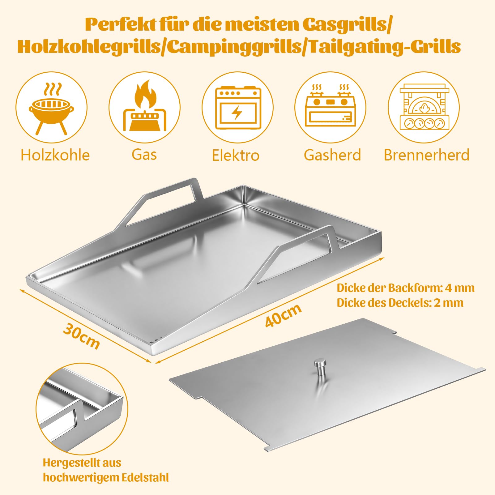 Edelstahl Grillplatte Plancha Universal 40x30 cm Gas Holzkohlegrill Anti-Stick | Grillschale für Kohle und Gasgrill Burger Spiegelei Grill Platte mit Deckel