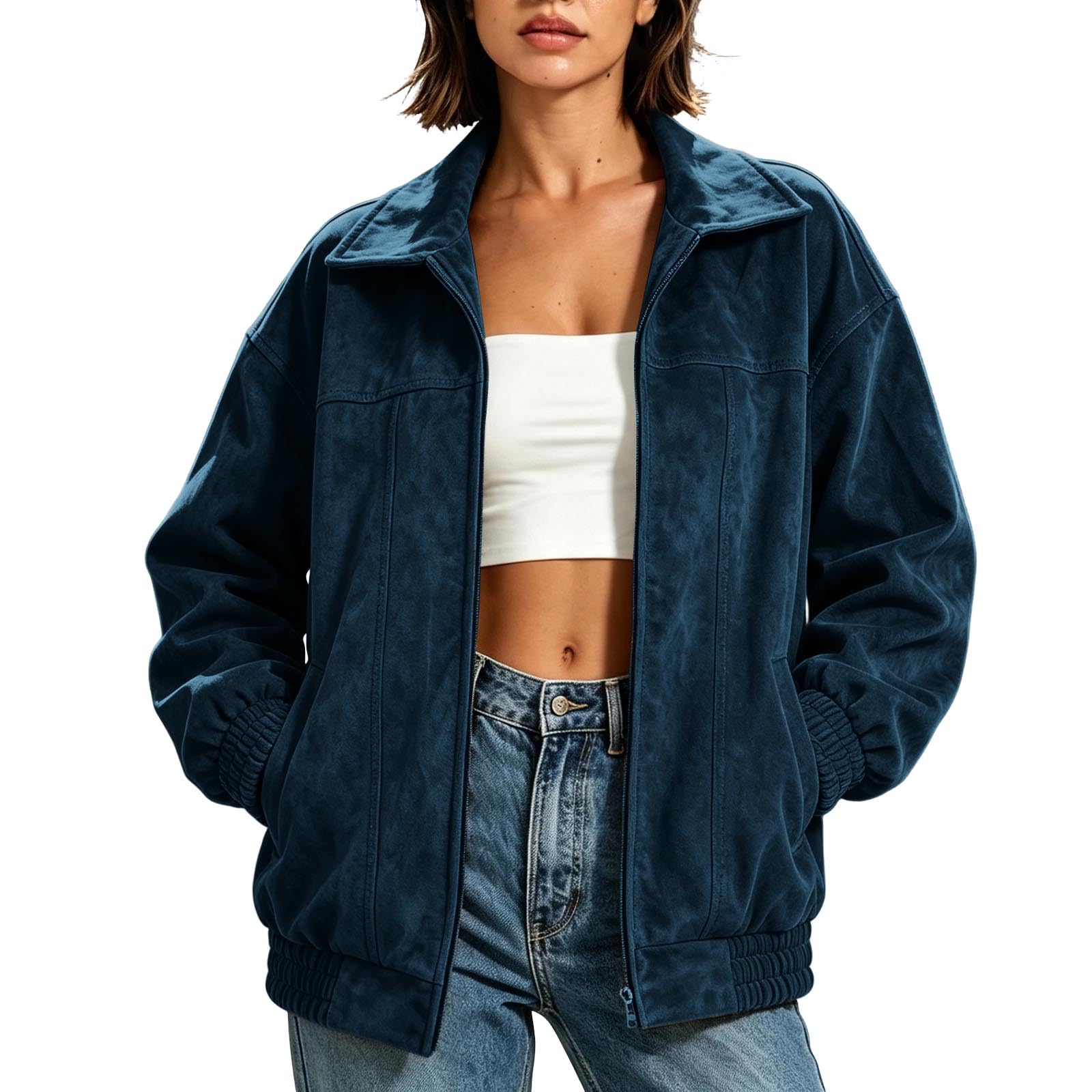 Wildlederjacke Damen Bomberjacke Motorradjacke Crop Trenchcoat mit Taschen