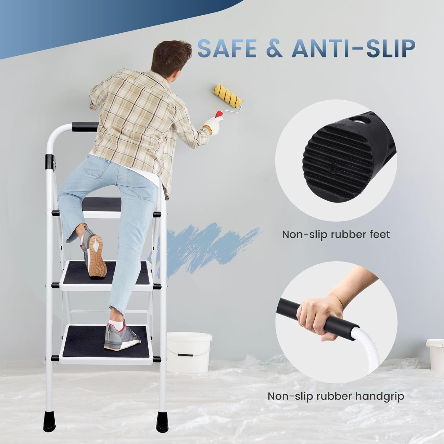 OLIXIS Step Ladder, 3 Sturdy Step Stool with Anti-Slip Pedal & Comfortable Handrail, Portable Heavy Duty Step Stool for Kitchen, Garage & Outdoor Use, 330lbs, Black