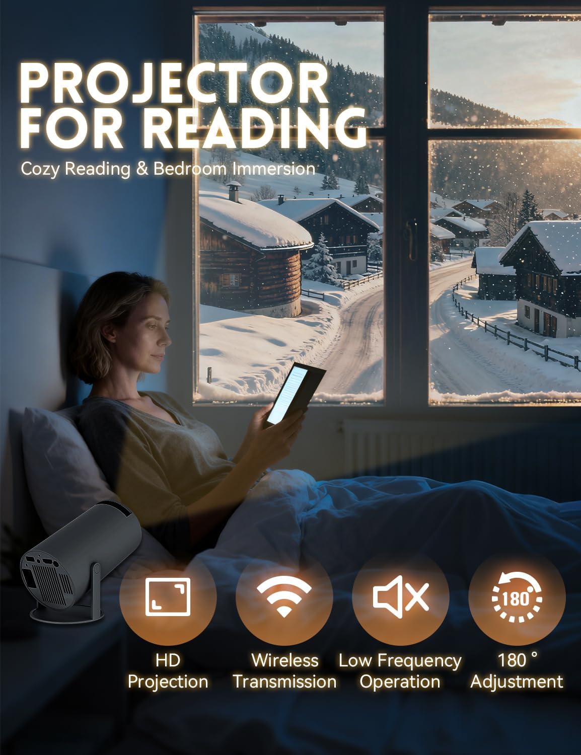 Projector for Reading – Mini Window Projector, 4k Supported Smart Projector with Wifi & Bluetooth, 210° Rotation & Built-In Speaker, Auto Keystone, Cozy Reading Ambiance & Bedroom Fantasy (White)