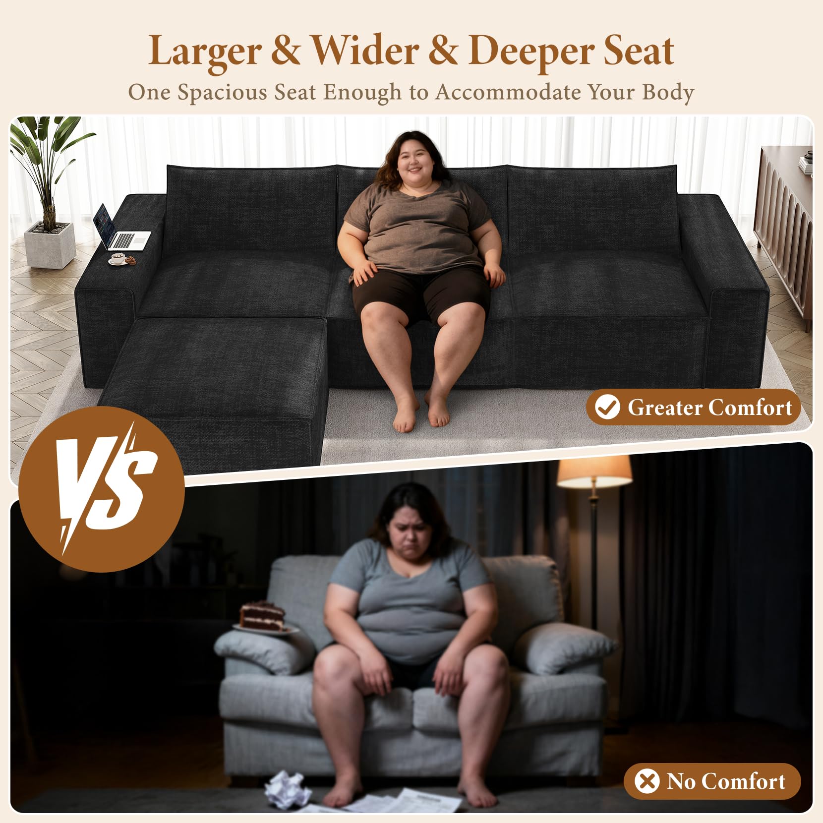 Vesgantti 114" L Shaped Boneless Couch, Deep Seat Sectional Sofa, Black | Oversized 3 Seater Modular Couch with Ottoman, Cloud Sofa for Living Room, No Assembly Required, Free Combination, Chenille