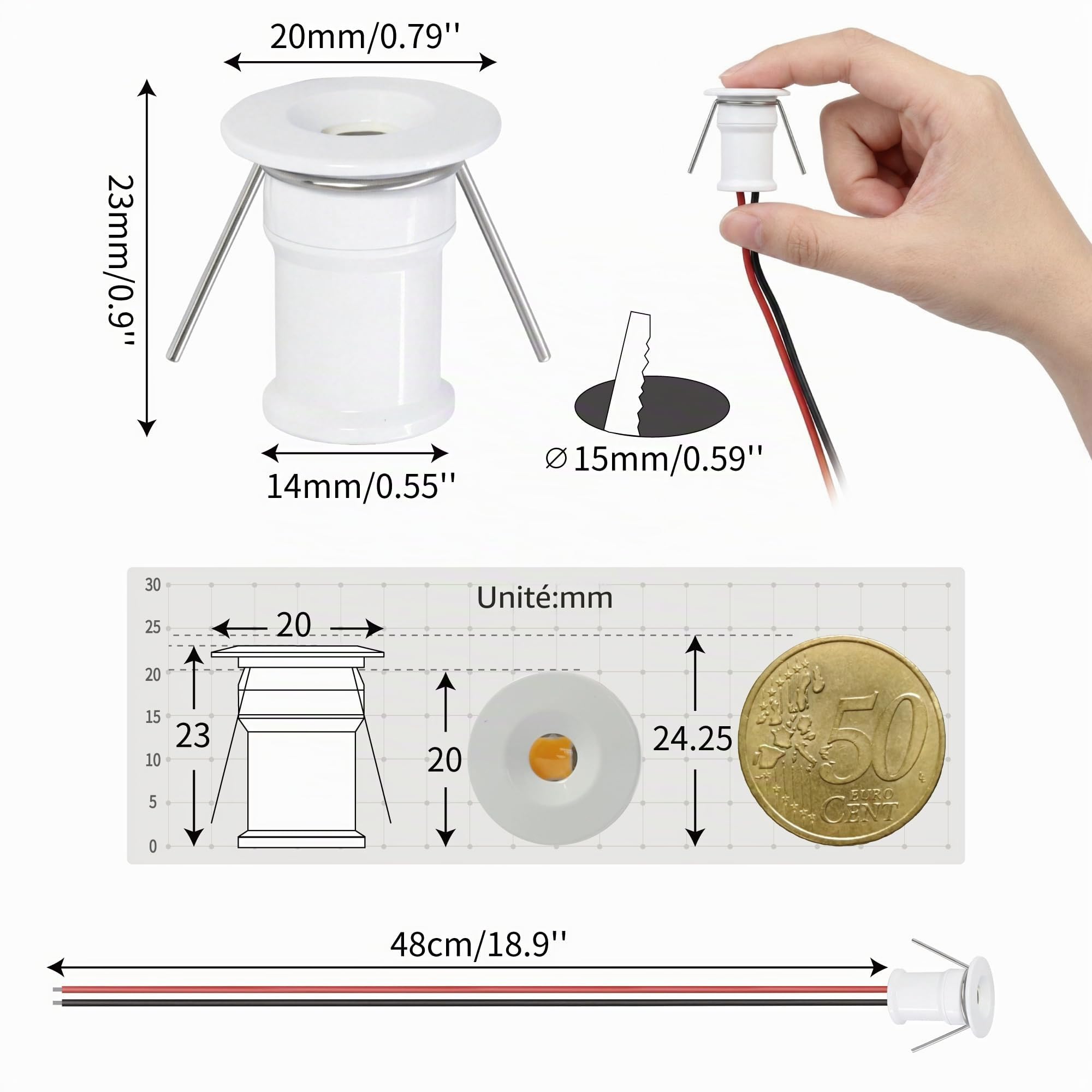 9 pcs Mini Spot LED Encastrable 12V 1W, IP65 Étanche Petite Taille Lampes Avec Transfo 220V, 15mm Pointeur Éclairage Encastré Pour Meuble Veilleuse Armoires Escaliers(Blanc Chaud 30°)
