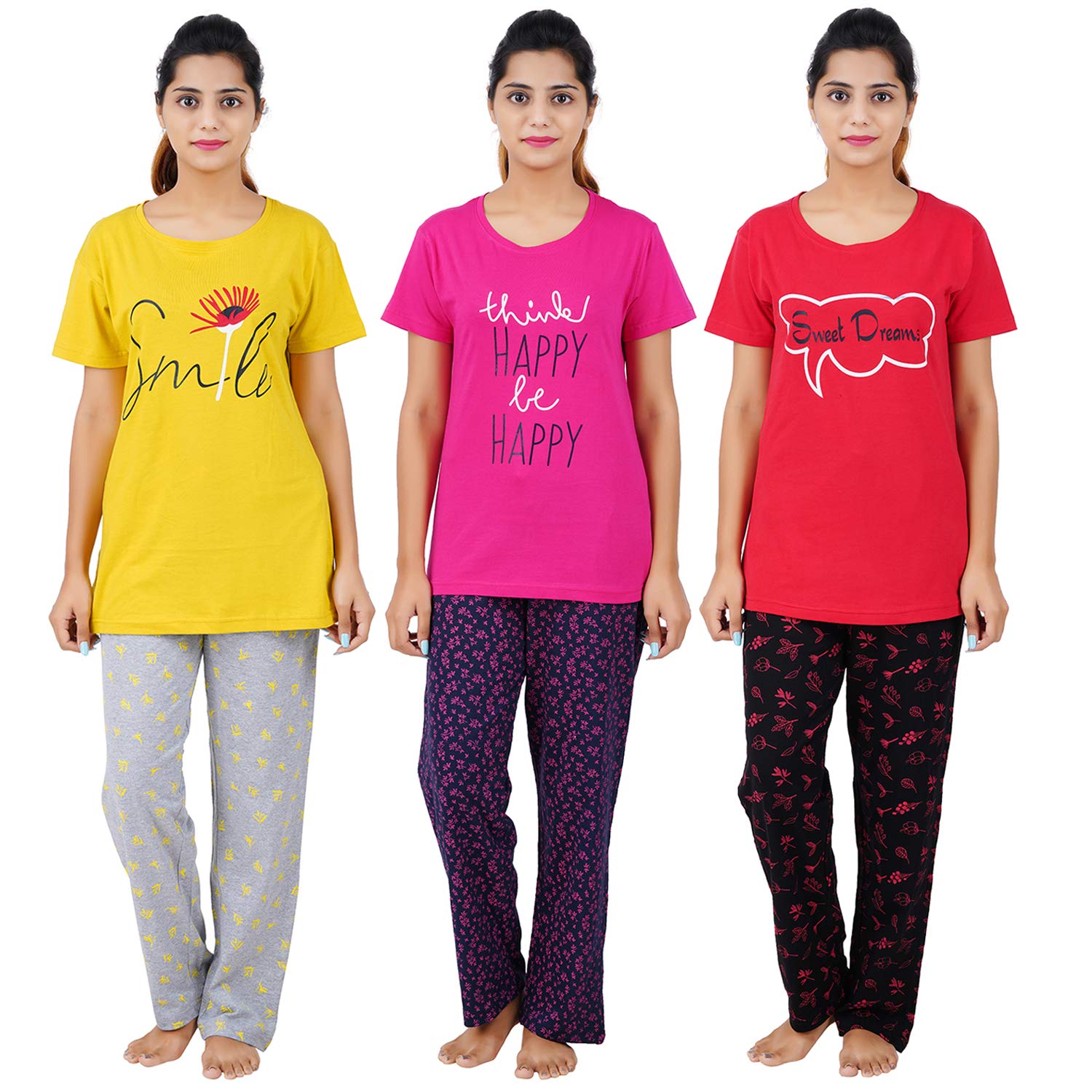Buy That Trendz Cotton Printed Top and All Over Print Pyjama Set/Pajama Night Suit Set/Sleep wear Set/Loungewear Set for Womens Combo Pack Smile Yellow Happy Rani Pink Woke Up Black